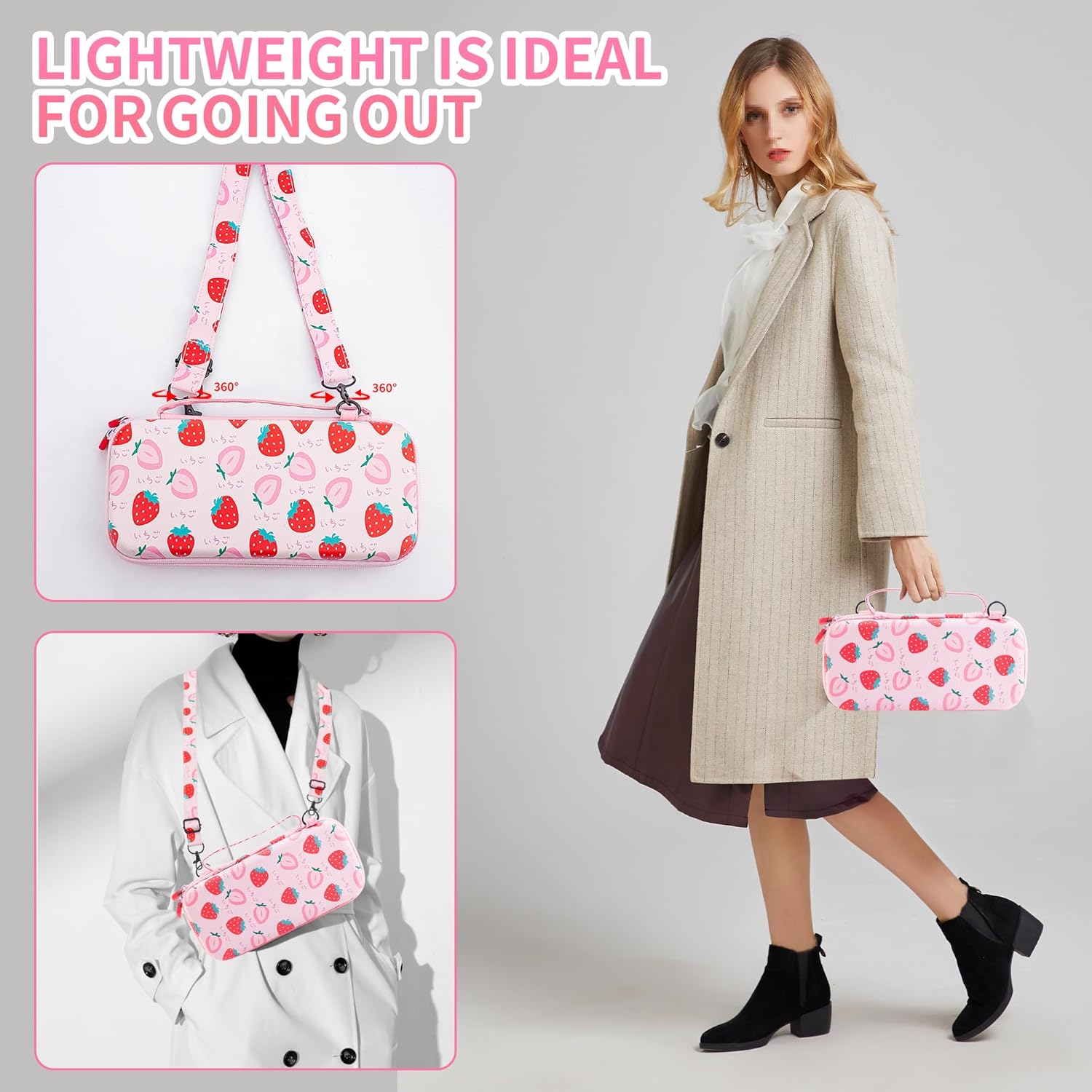 HYPERCASE Pink Strawberry Carrying Case Compatible with Nintendo Switch/OLED, Portable Travel Accessories Bundle for Switch Console with 10 Game Card Slots, Shoulder Strap and 2 Cute Thumb Caps - Image 7