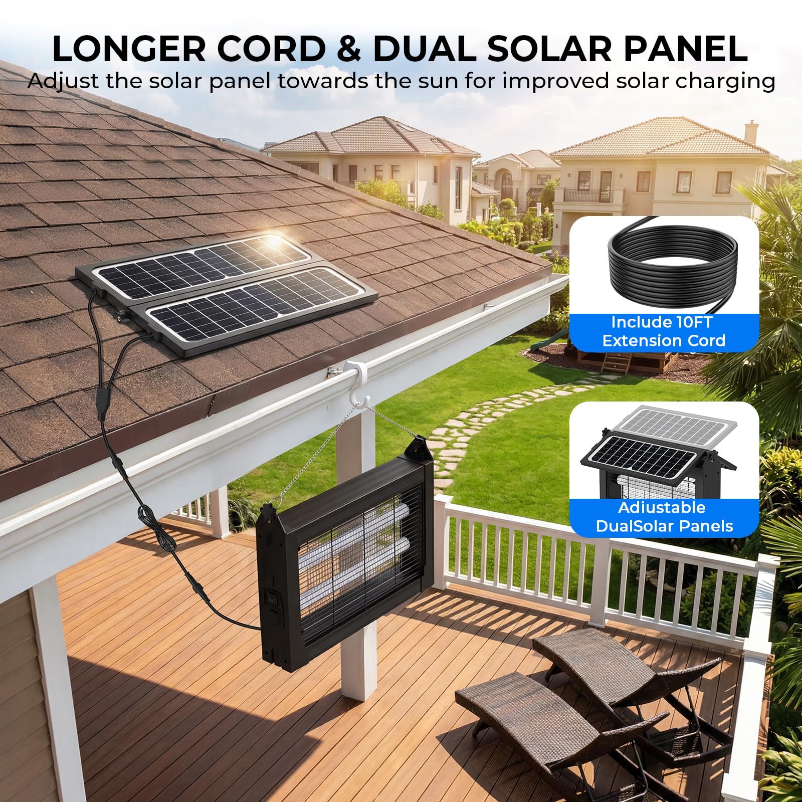 Eliminador de insectos solar mejorado para exteriores con paneles duales, 4500 V, inalámbrico, recargable, matamoscas para moscas, impermeable, eléctrico, para patio, jardín, patio, caravana, camping