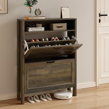 LOUVIXA Shoe Cabinet with 2 Flip Drawers, Narrow Shoe Storage Cabinet, Freestanding Shoe Cabinet Organizer, Hidden Shoe Rack Cabinet for Entryway, Hallway 2-Drawers, Brown/2-drawers