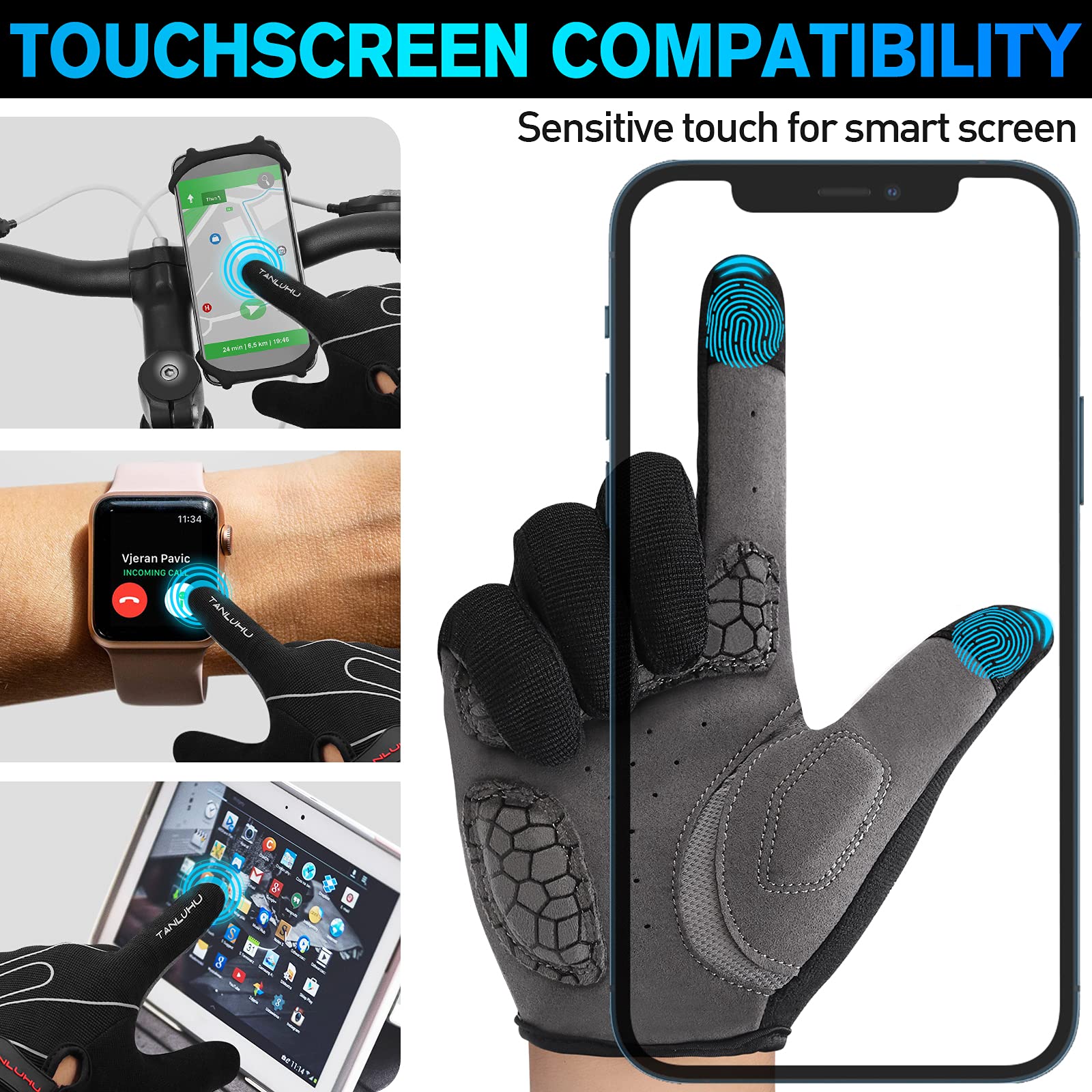 Tanluhu Fahrradhandschuhe für Herren Damen Outdoor Vollfinger Touchscreen Anti-Rutsch Stoßdämpfende MTB Rennrad Handschuhe (schwarz)