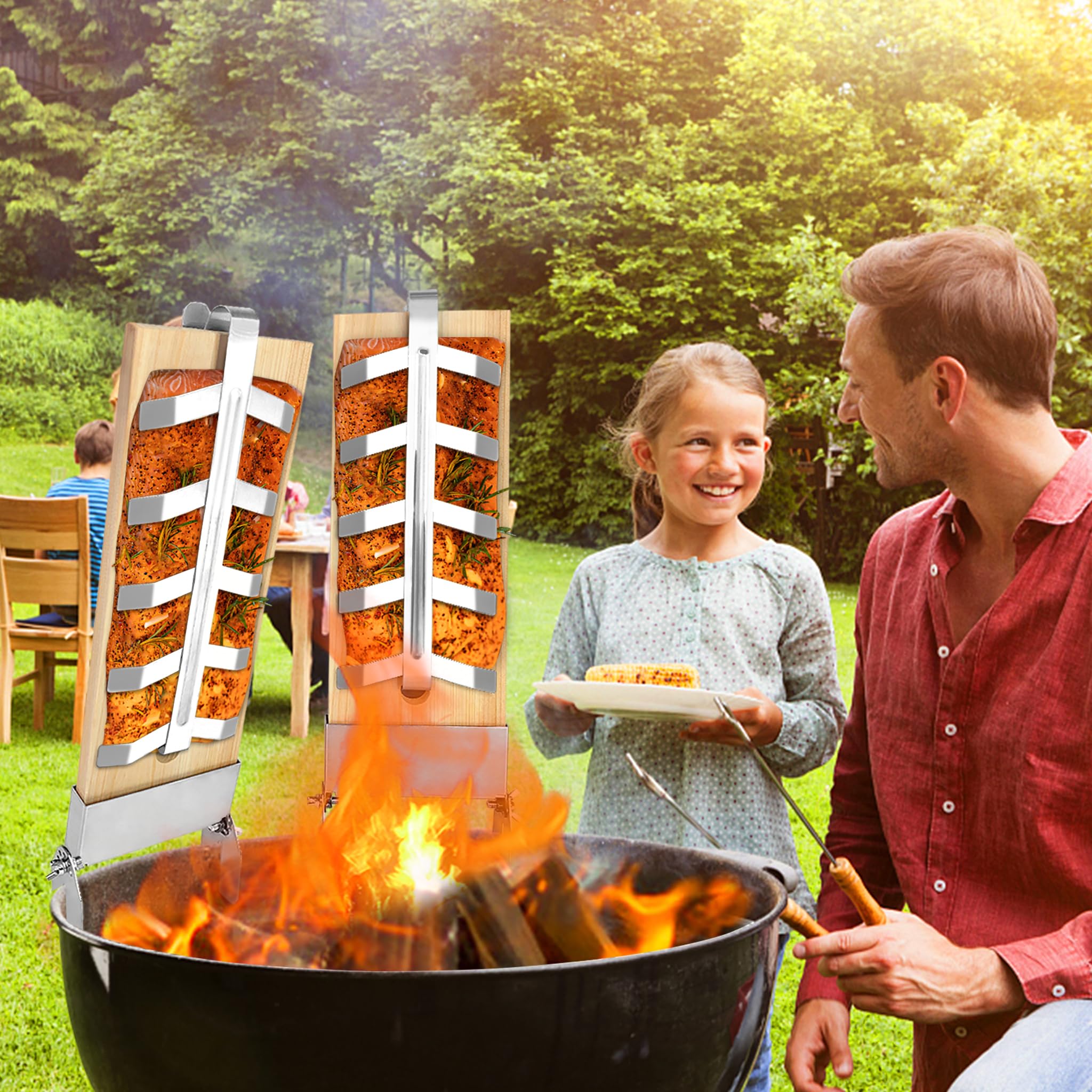 LZQ Lot de 4 planches à saumon flambé avec support en acier inoxydable 5 niveaux réglables