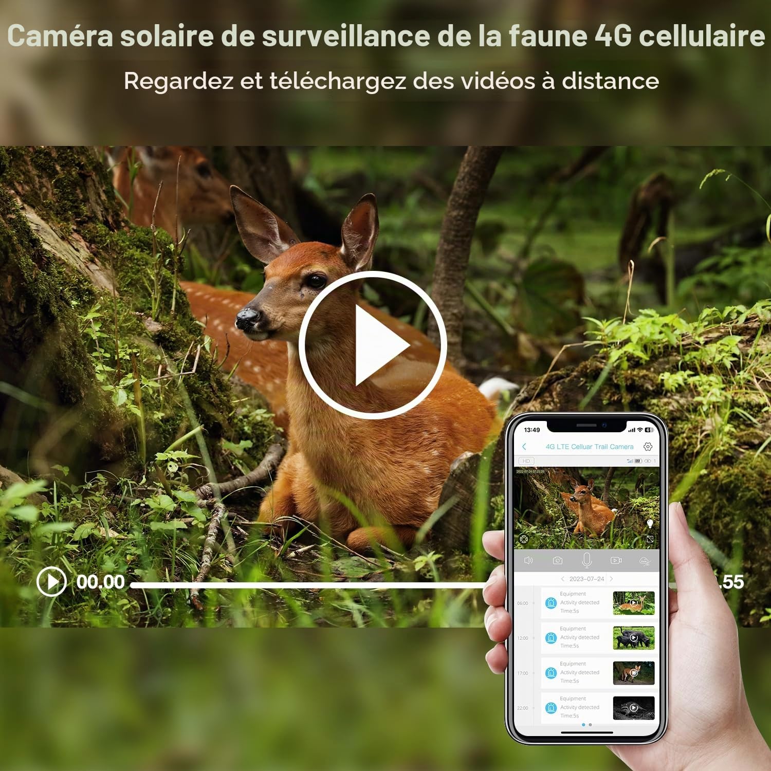Camera de Chasse 4G et Carte Sim,2K Camera Exterieur sans Fil avec Panneau Solaire et Batterie,Détection PIR,Vision Nocturne Colorée,Audio Bidirectionnel,Étanche IP66,360° PTZ,sans WiFi