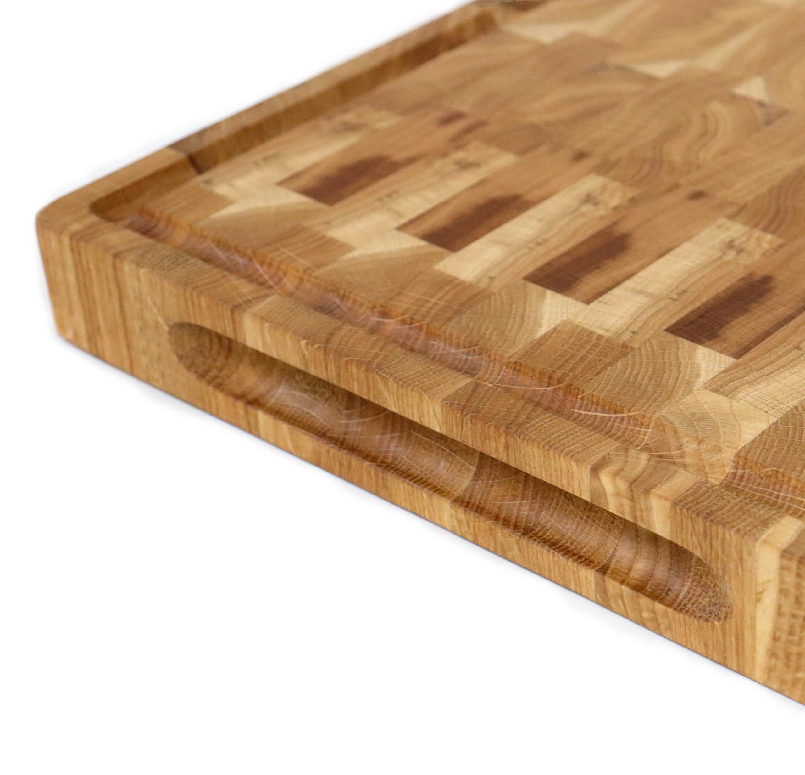 B4K® Tagliere in Legno di Quercia, 50 × 35 × 4 cm | Legno di Cervello Massiccio, Antibatterico, Con Manici, Scanalatura e Piedini in Silicone, Per Cucina, Carne e Barbecue