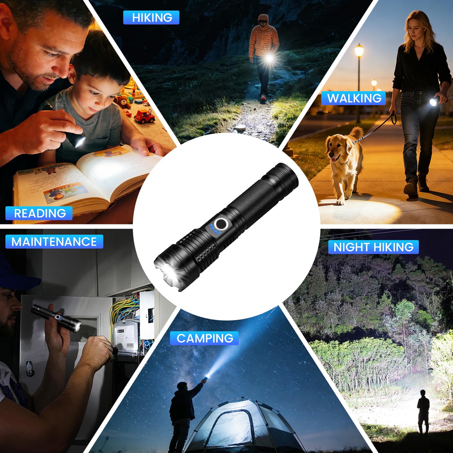 Linterna LED recargable de alto lúmenes, 99,000 lúmenes, luz de flash brillante con 5 modos, linterna de mano ajustable para camping, hogar