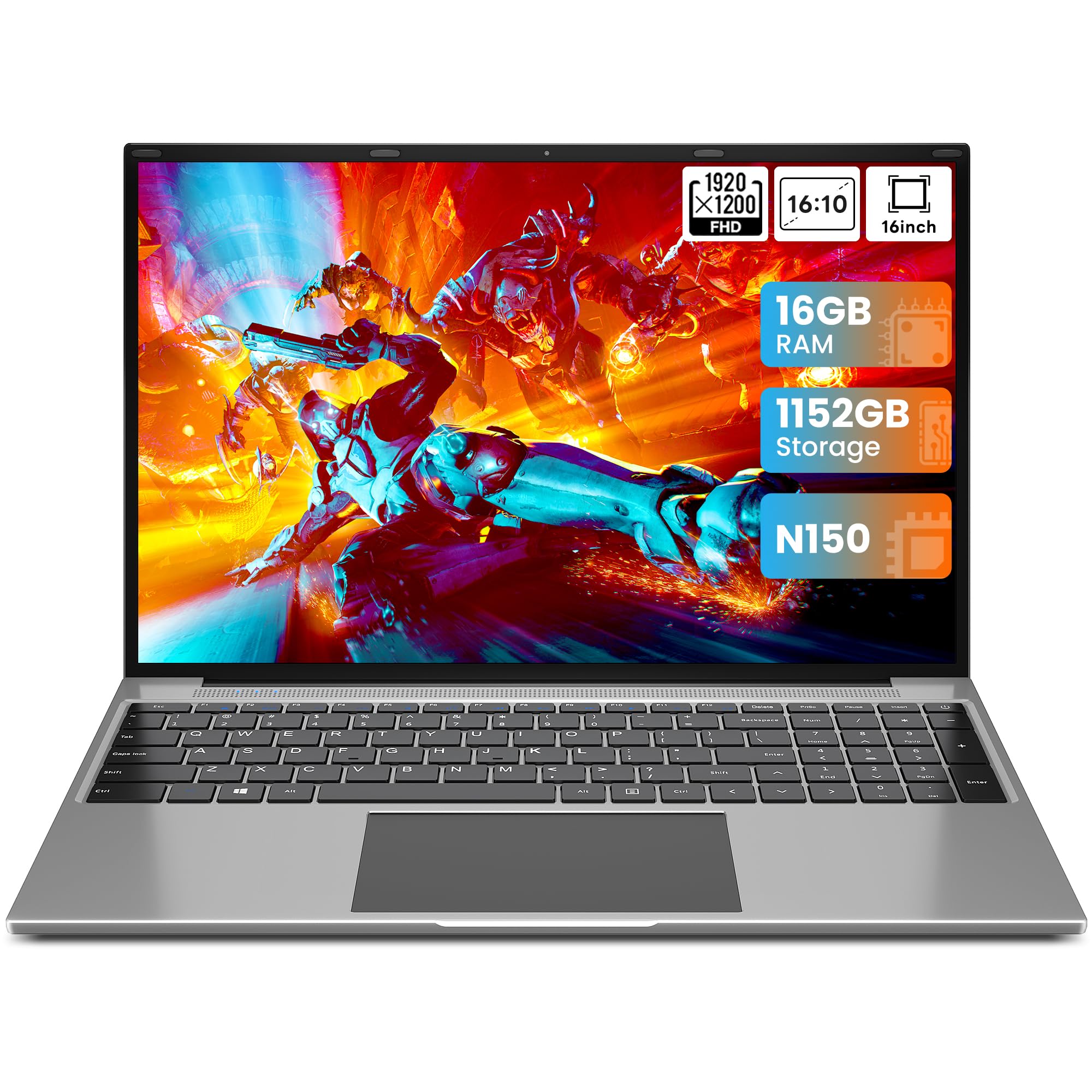 jumper 16 Inch Laptop Computer, 16GB RAM 1TB SSD 128GB ROM, N150 4-Core 3.6GHz Processor, 1200p IPS FHD Display, Office 365 1-Year Subscription, WiFi-6, Mini-HDMI, 38Wh Battery, Cooling System.