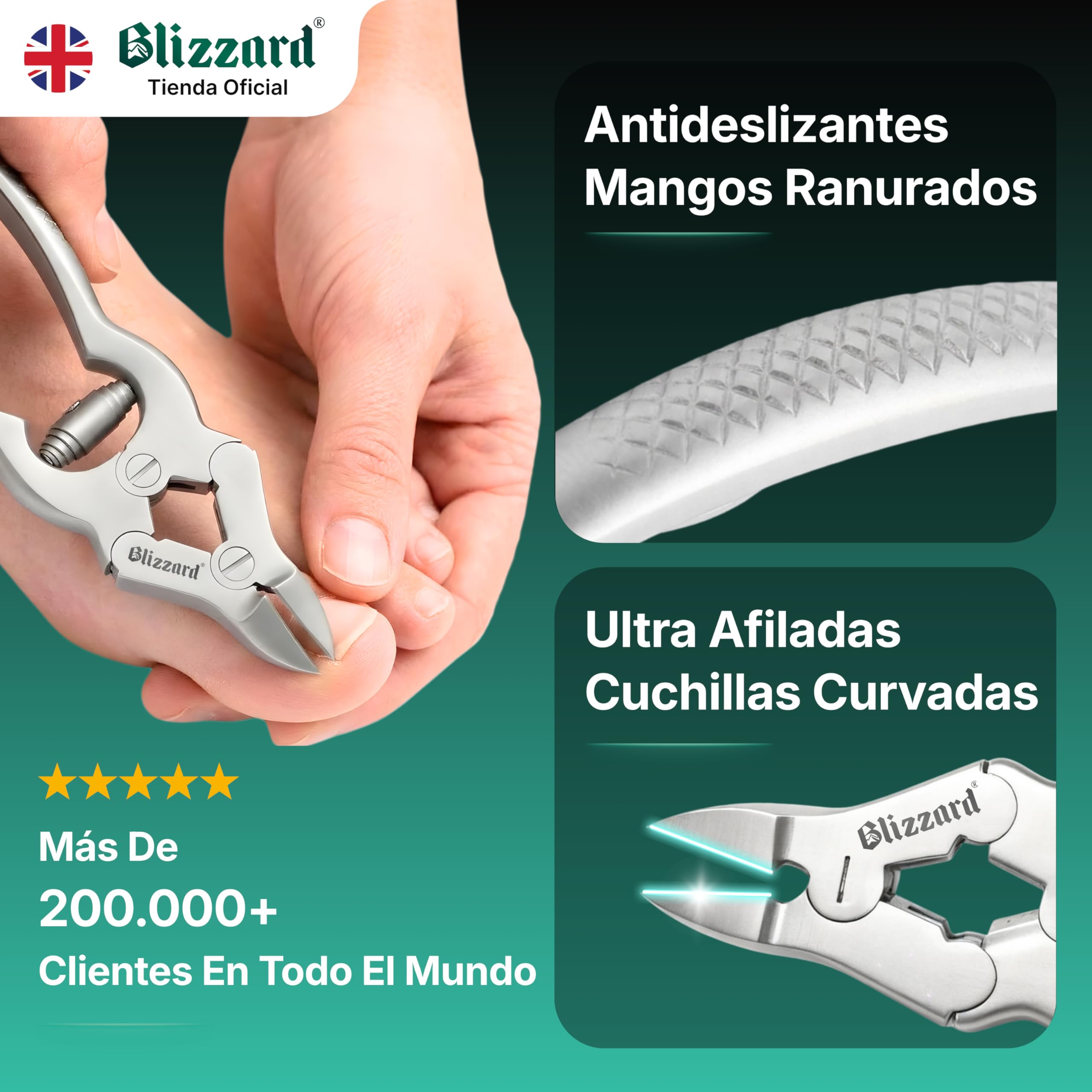 Blizzard Alicates Cortauñas Profesional para Pies - Corta Uñas de Alta Resistencia Triple Articulación para Uñas Gruesas y Encarnadas Acero Inoxidable Grado Podología con Lima - 15cm Resorte Espiral