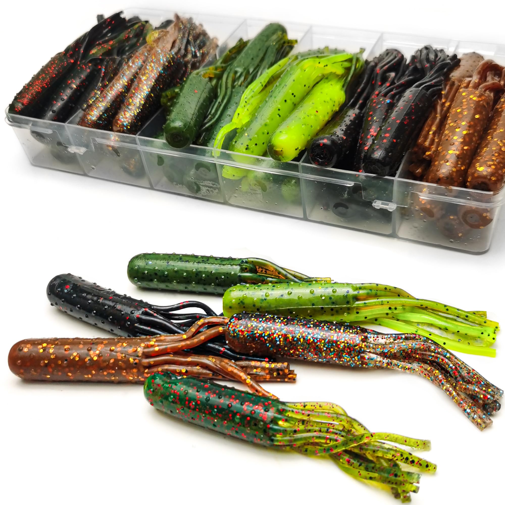 60Pcs Tube Baits Soft Plastic Worms Bass Fishing Lures for Tube Jig Heads Hook Freshwater Saltwater, 3.5 Inch