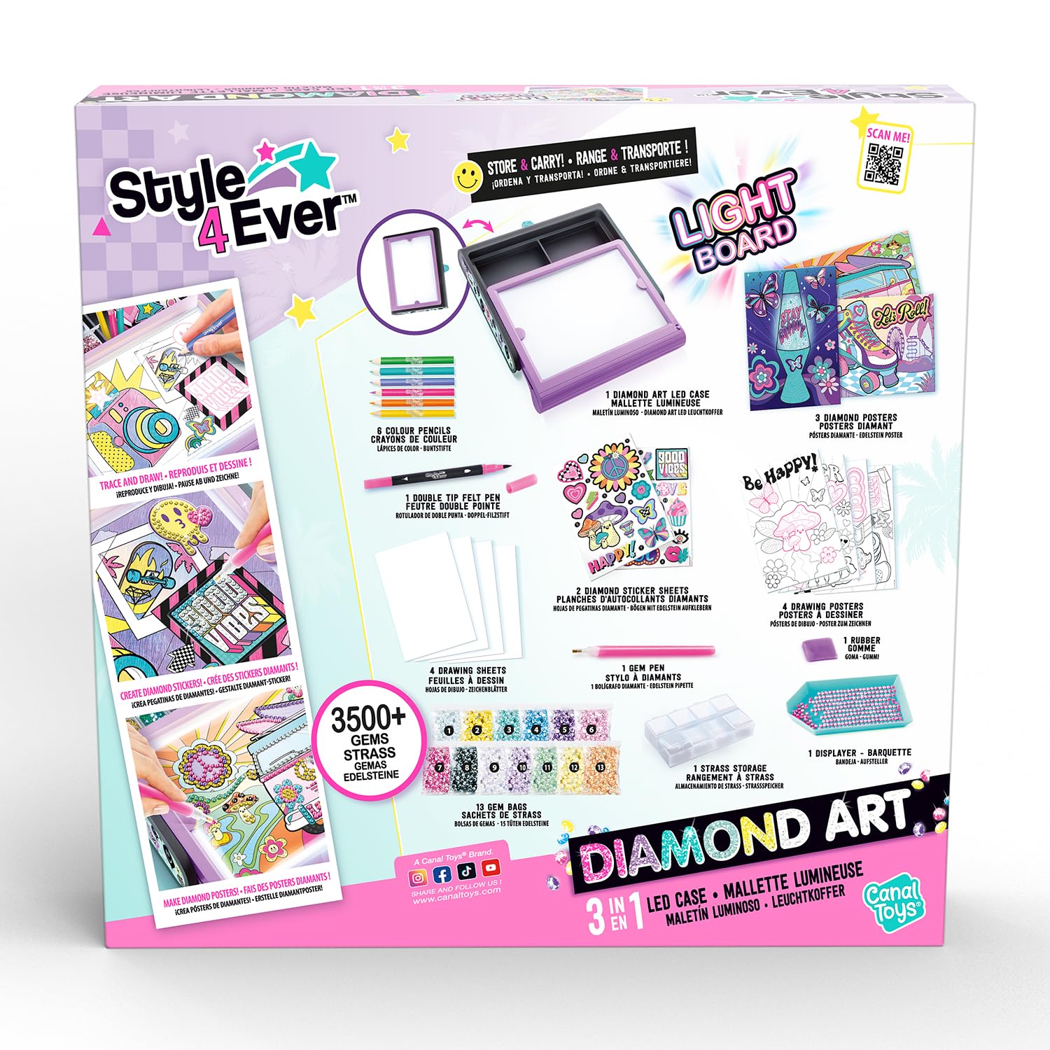 Canal Toys - Style 4Ever - Maletín LED de Arte con Diamantes | Pizarra Luminosa con Posters, Pegatinas de Diamantes, +3500 diamantes, Lápices de Colores - Diamond Art LED Case