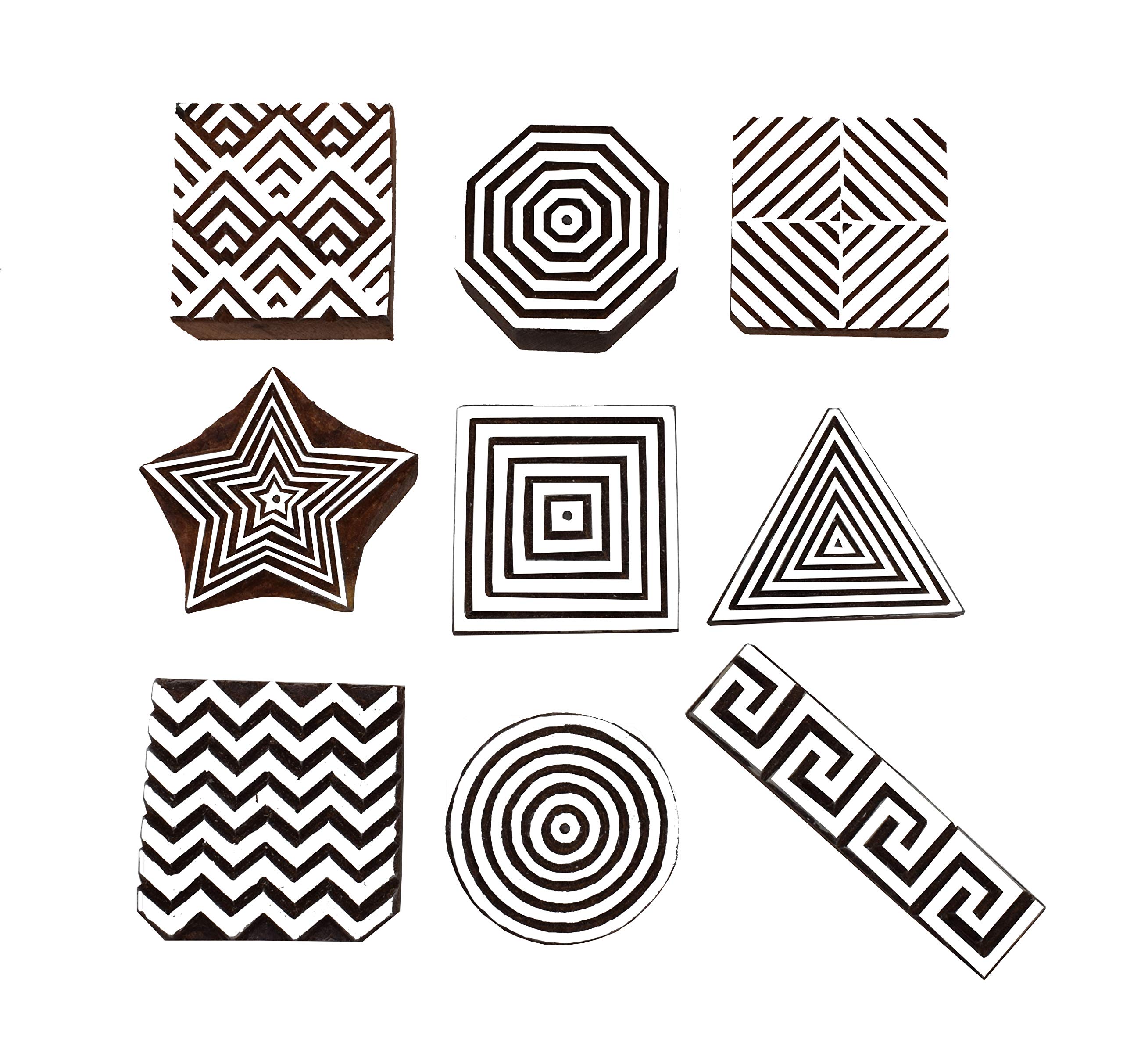 Hashcart Spiral and Geometric Wooden Block Print Stamps for Craft - Wood Stamps for Kids' Art Projects, to Decorate Cards - Henna/Clay/Painting [ Set of 9 ]