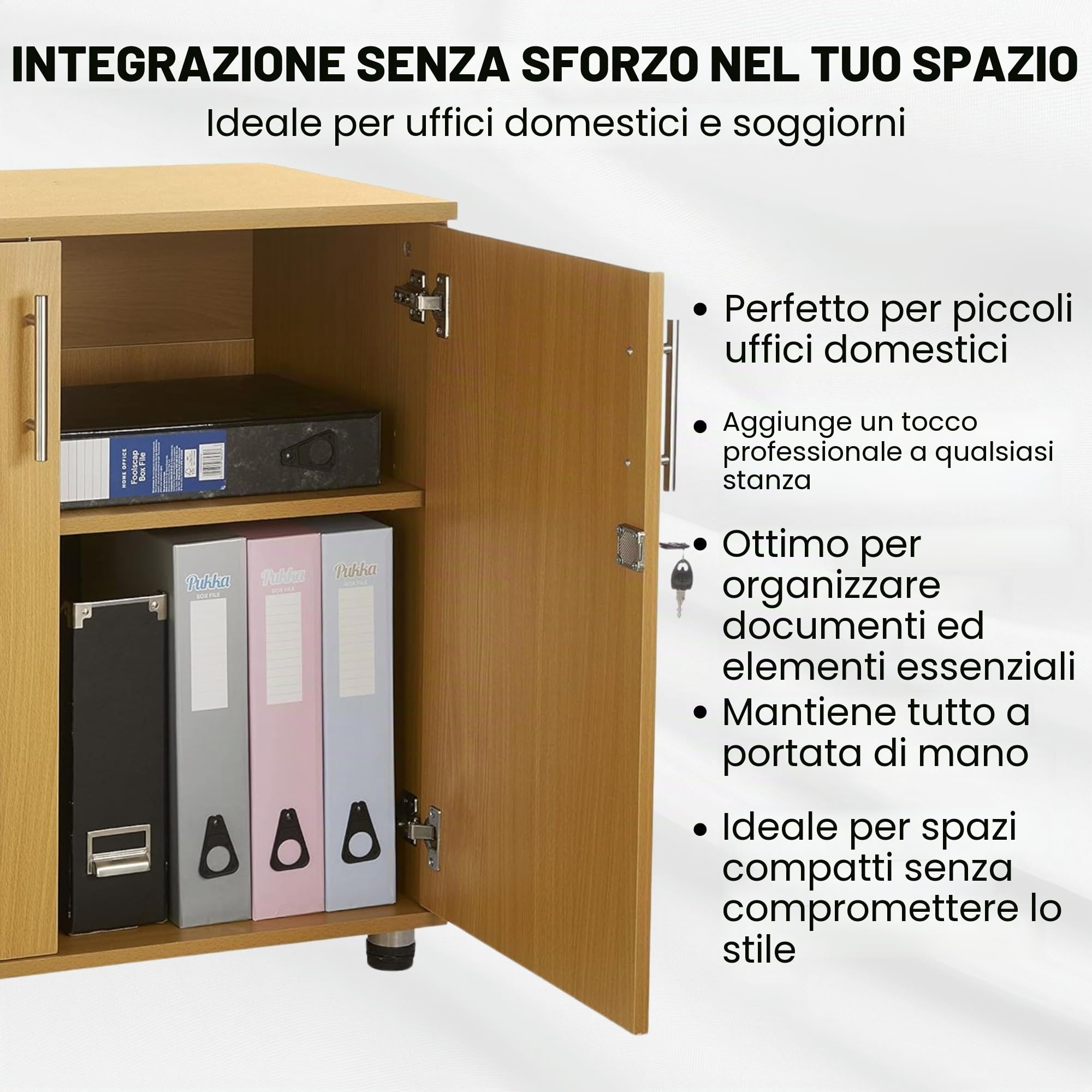 Credenza da ufficio in faggio, altezza scrivania, libreria a 2 ante con serratura, altezza 75 cm, estensione per scrivania