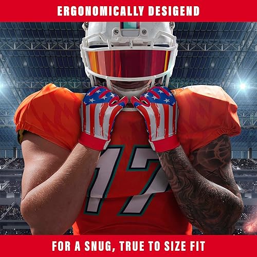 Miniatura 5 de Guantes de receptor de fútbol de la bandera estadounidense para hombre, guantes de receptor de fútbol de silicona para jóvenes, guantes de receptor