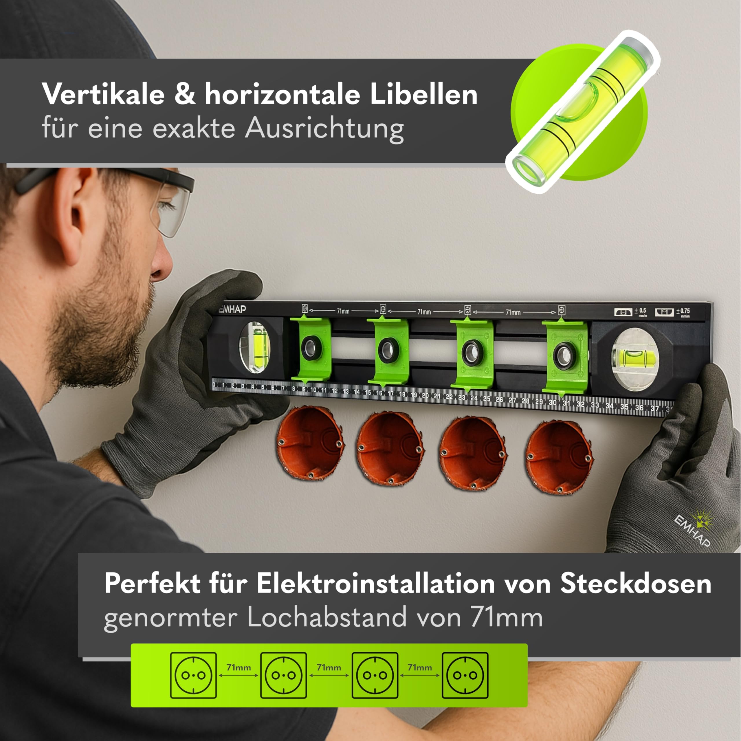 Nivel de burbuja con plantilla de perforación para enchufes, diámetro de 6 mm, nivel de burbuja de electricista 2.0 como guía de perforación precisa y plantilla de enchufes, ideal para brocas