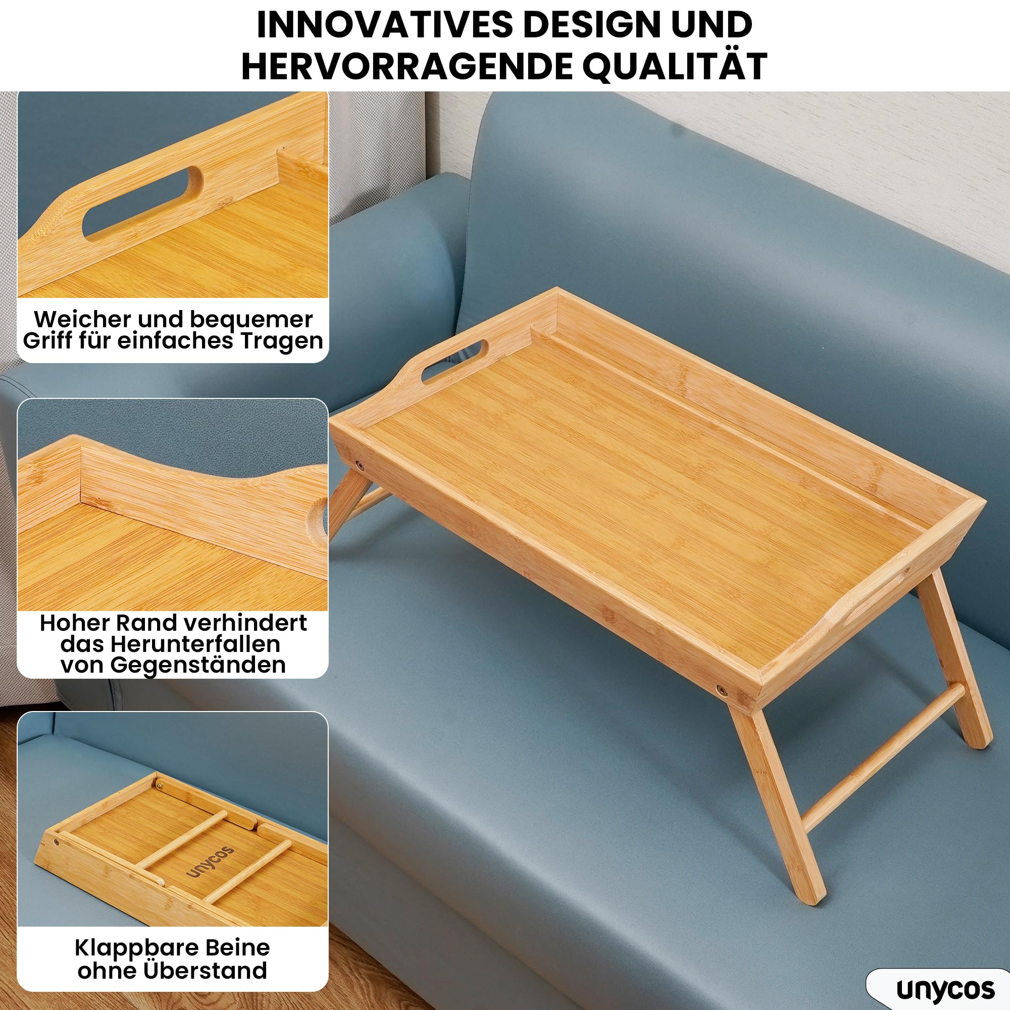unycos - Frühstückstablett Bambus Klappbar 55 x 35 x 24,8 cm, Betttablett mit hohem Rand und Tragegriffen, Serviertablett fürs Bett und Sofa, Laptoptisch zum Lesen und Frühstücken (Arbeitstisch)