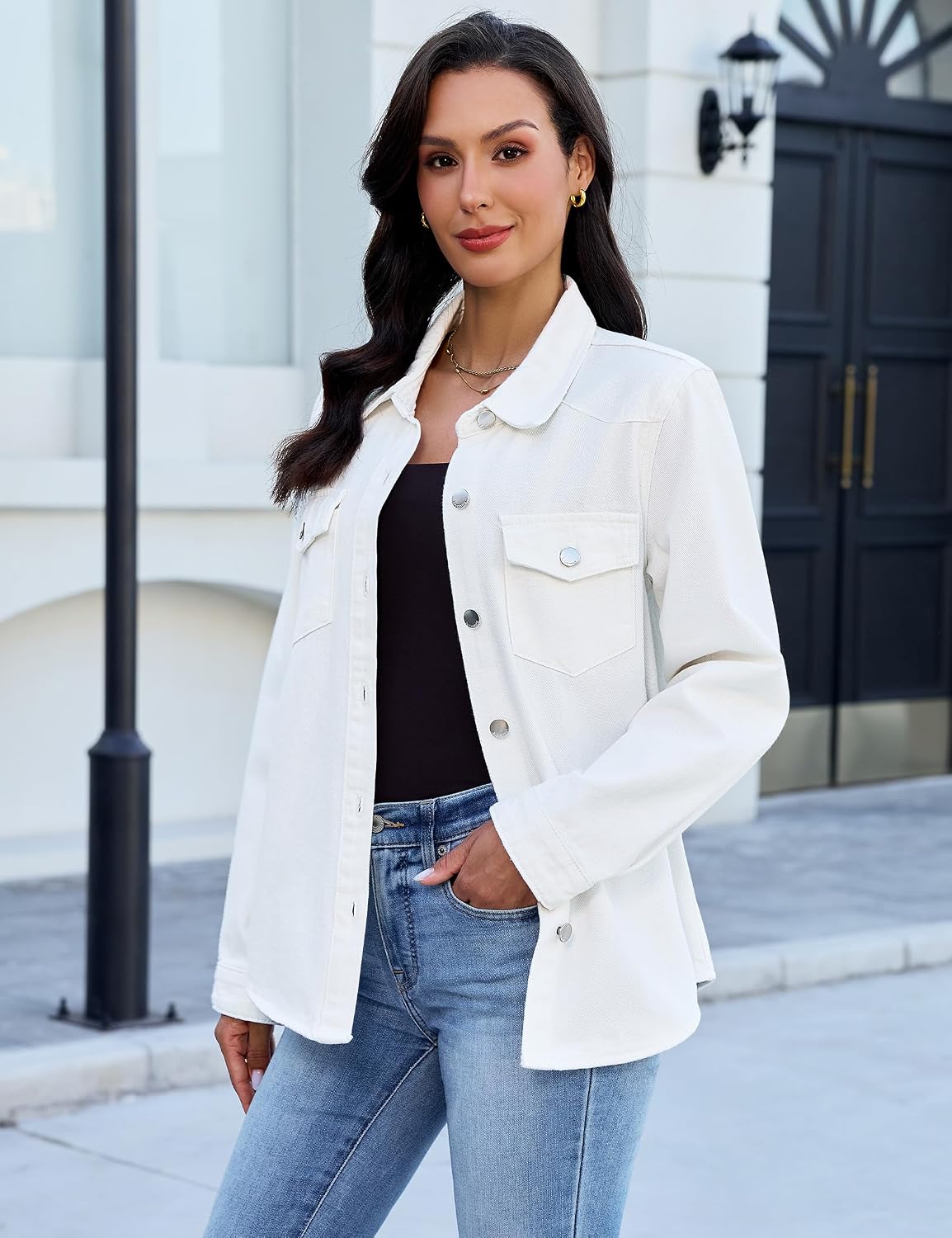 luvamia Denim Jackets for Women Trendy Long Sleeve Distressed Jean Button Down Shirts Jacket Shacket Trucker Jacket