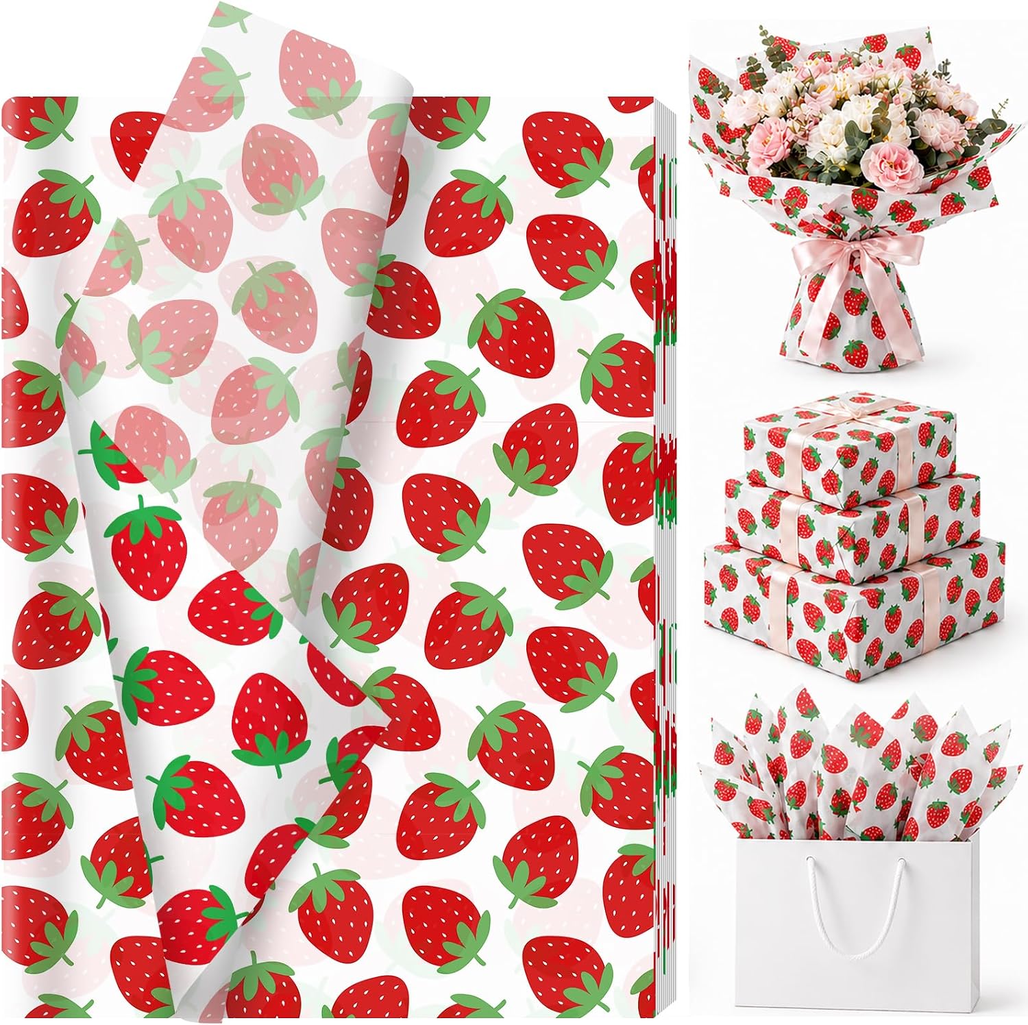60 Sheets Strawberry Tissue Paper, 13.8'' x 19.7'' Watercolor Preppy Strawberry Patterns Art Crafts Paper for Summer Birthday Bridal Shower Party Supplies