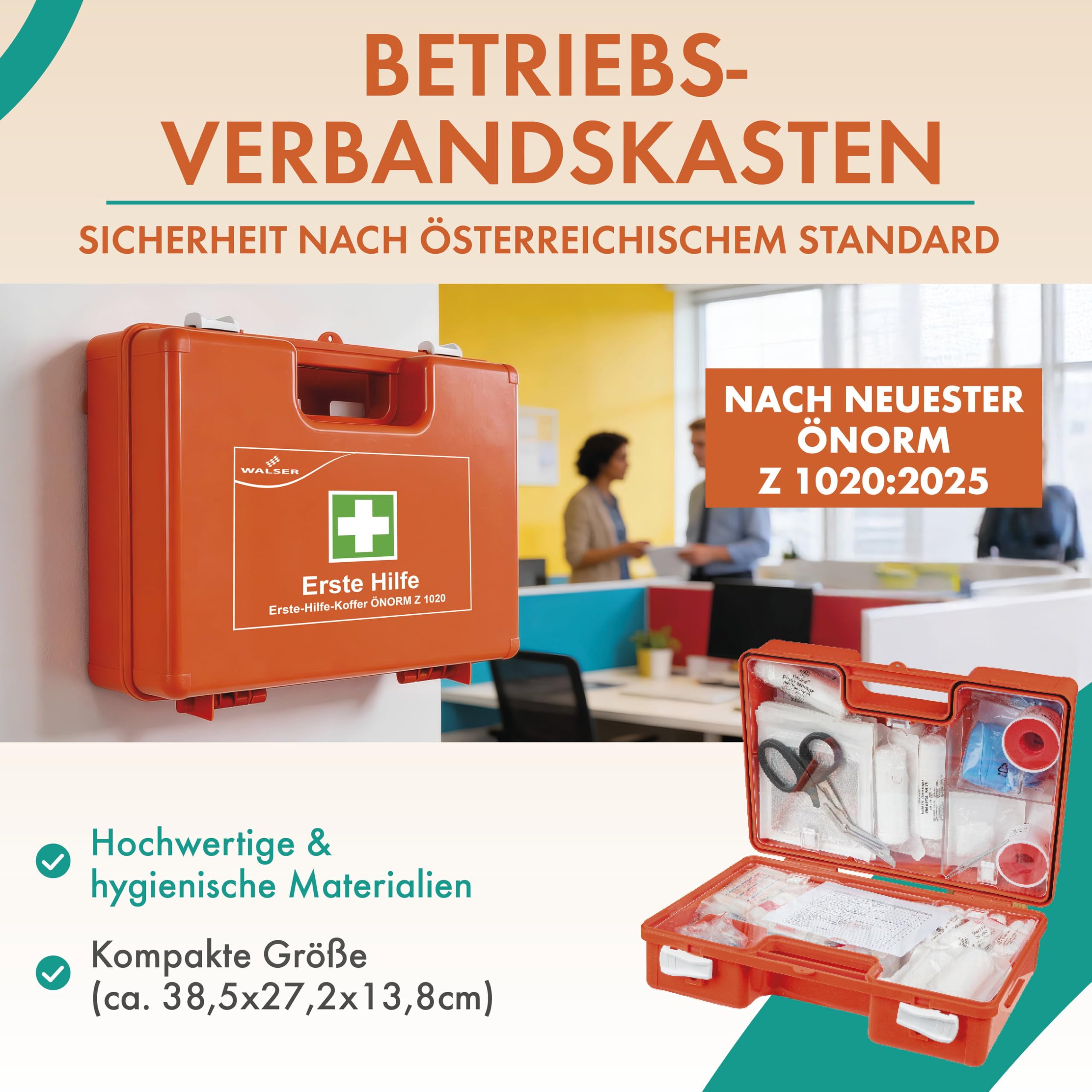 WALSER Kit di pronto soccorso Ö-Norm Z1020:2025, Cassetta aziendale 2026 incl. supporto a parete, Kit sanitario 66 pezzi per aziende, cantieri, ufficio e casa