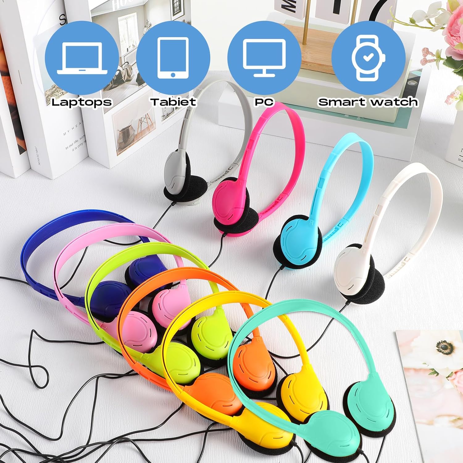 Yunsailing 30 Pack Bulk Over Ear Headphones Set On Ear Headsets Earphones with Adjustable Headband and 3.5mm Plug for Group Learning, Computer Lab, Library, Online Lesson (Macaron Color) - Image 4