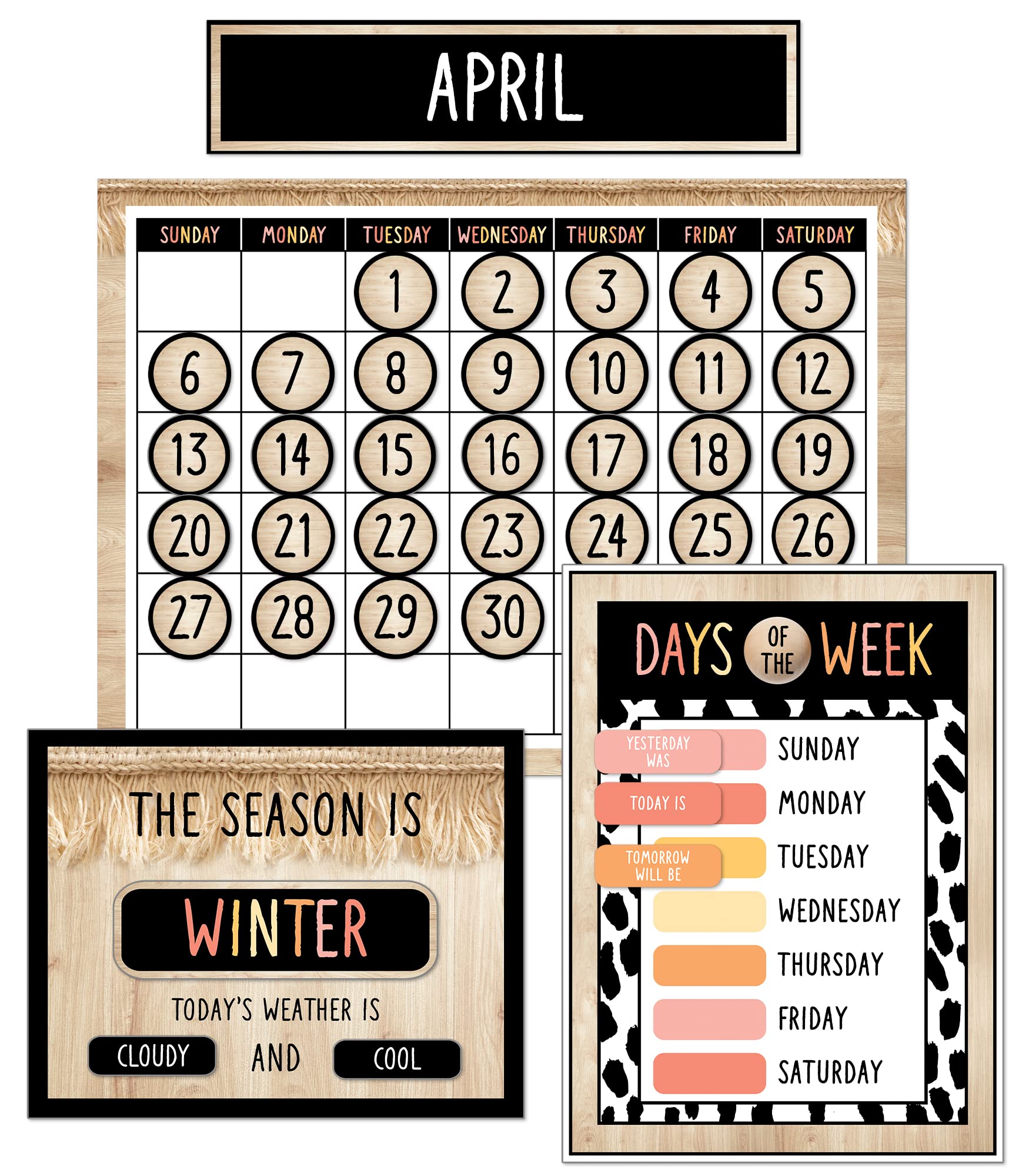 Schoolgirl Style Simply Safari 106-Piece Calendar Bulletin Board Set, Boho Neutral Classroom Calendar Set with Monthly Calendar Headers Plant Decor Days of The Week Chart, Boho Classroom Décor