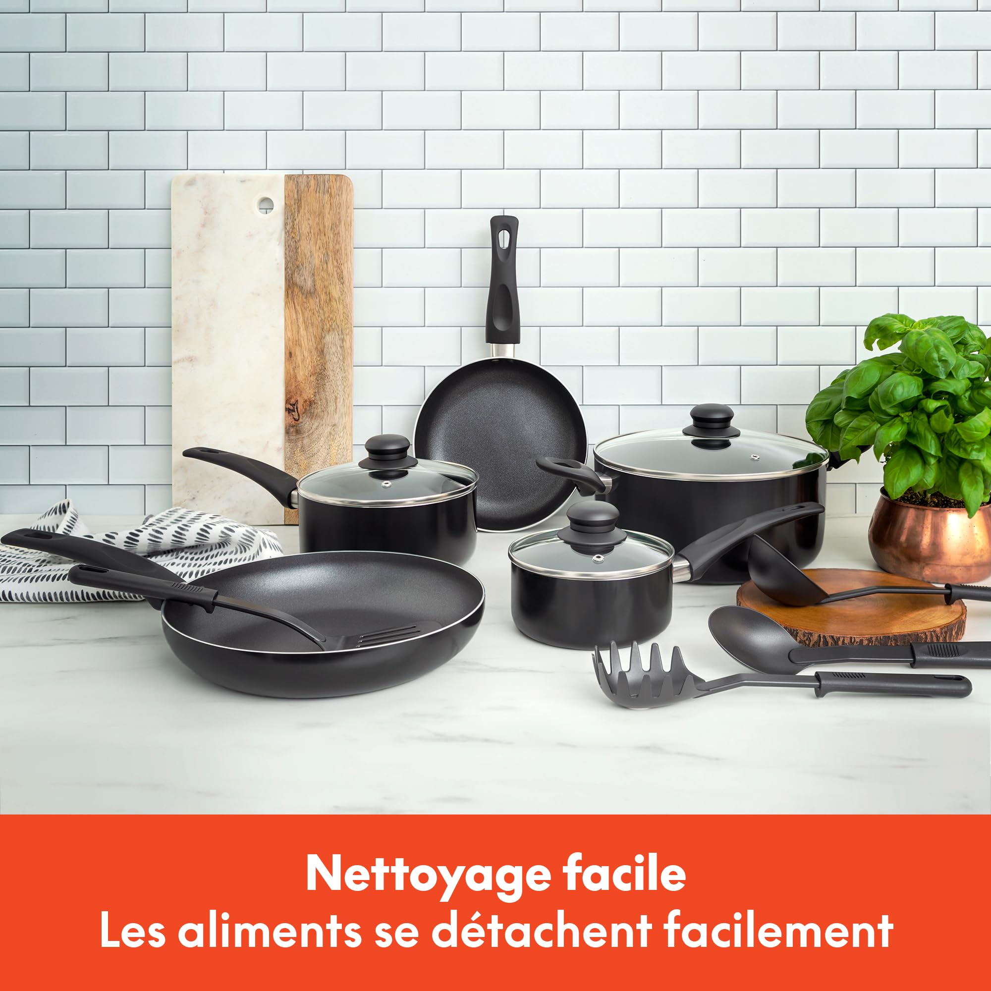 bella Batterie de cuisine, 12 pièces avec ustensiles, antiadhésifs, sans PFOA, surface de cuisson résistante aux rayures, compatible avec toutes les cuisinières, nylon et aluminium, noir