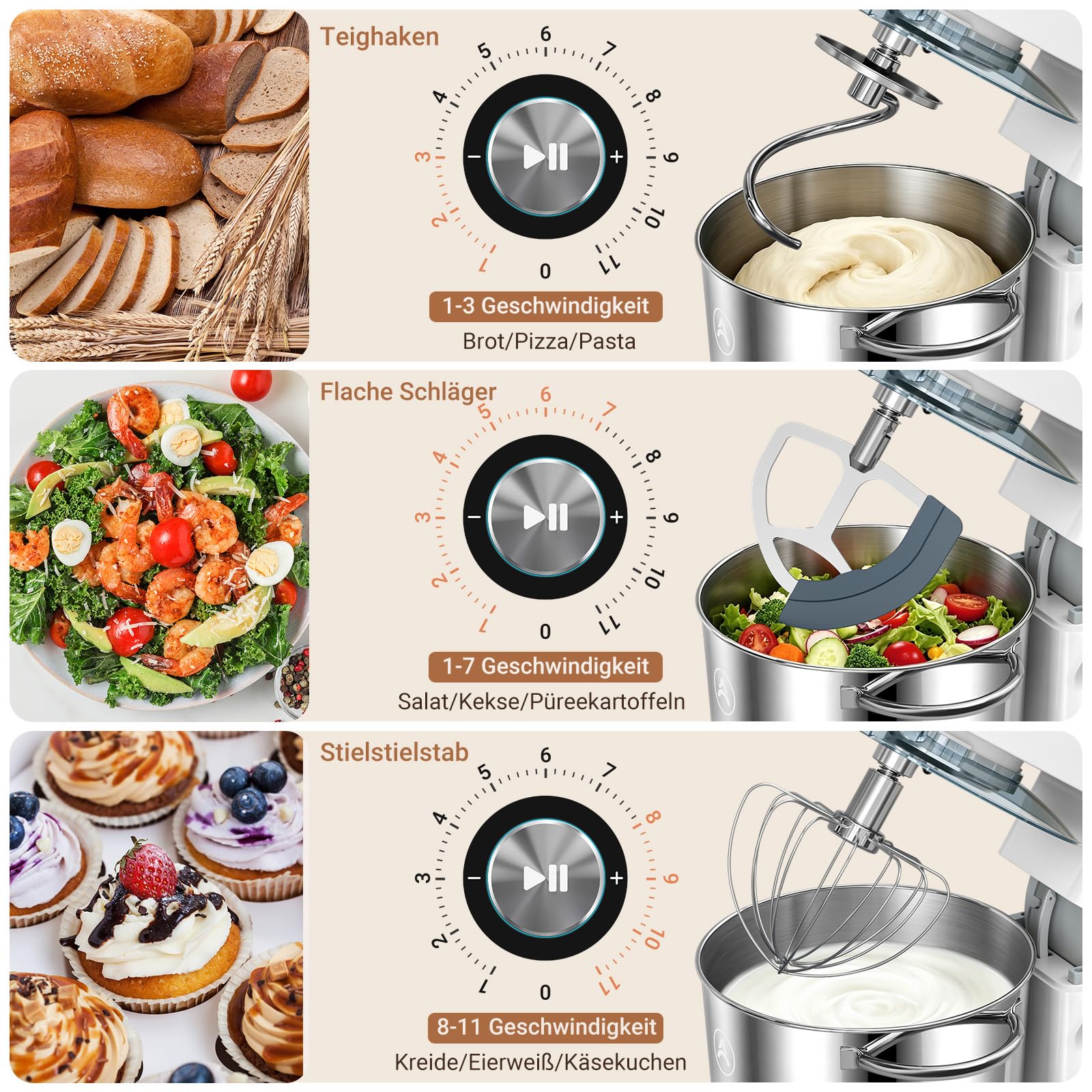 ZACME Robot kuchenny 1200 W | miska ze stali nierdzewnej 5,2 l | cichy silnik DC | 11-stopniowa przekładnia | w zestawie 3 narzędzia do mieszania (hak do zagniatania, trzepaczka, trzepaczka) | obudowa