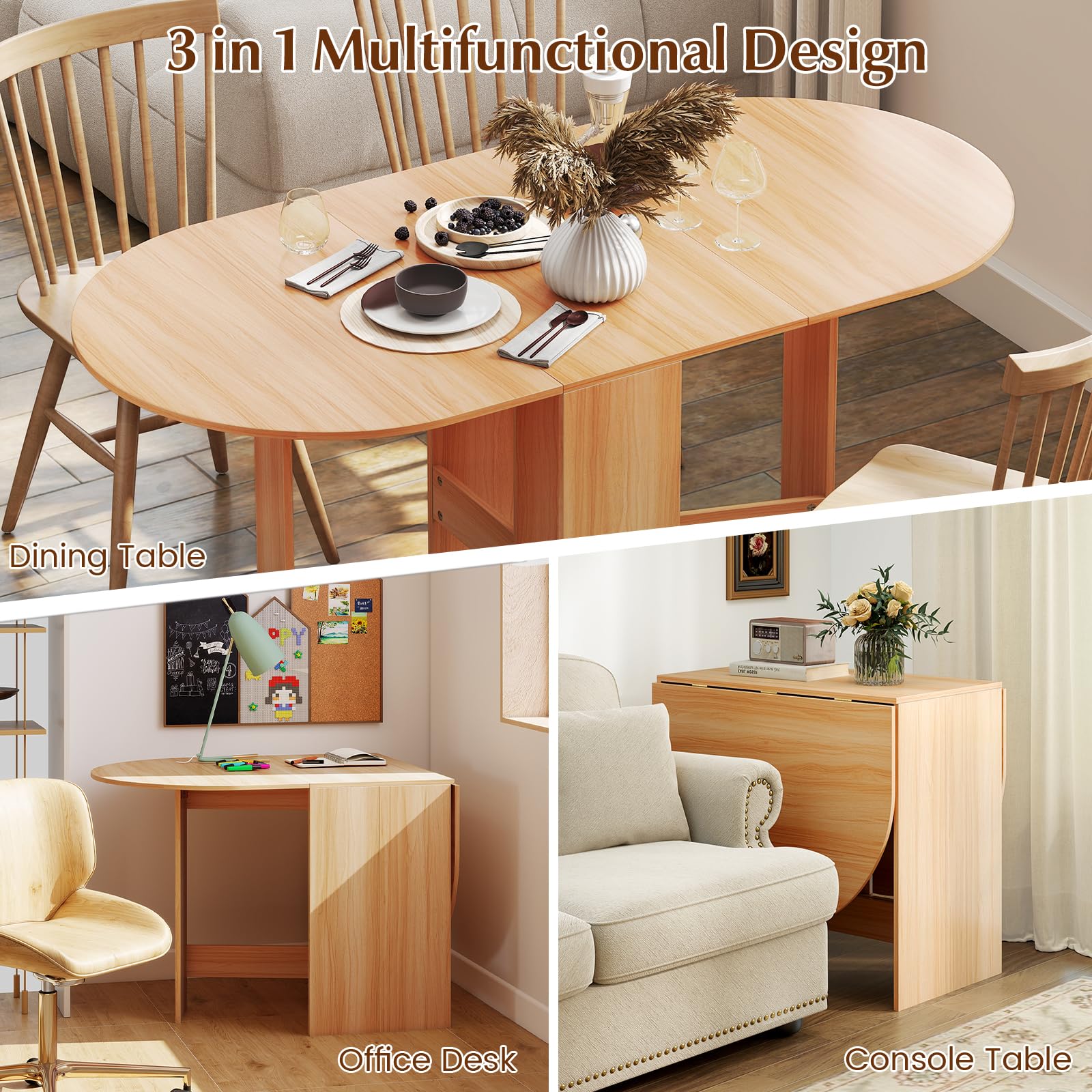 GIANTEX Table Pliante de Cuisine Salle à Manger, Table à Manger en Bois pour 4 à 7 Personnes, pour Salon, Jardin, Balcon, Bureau, Naturel