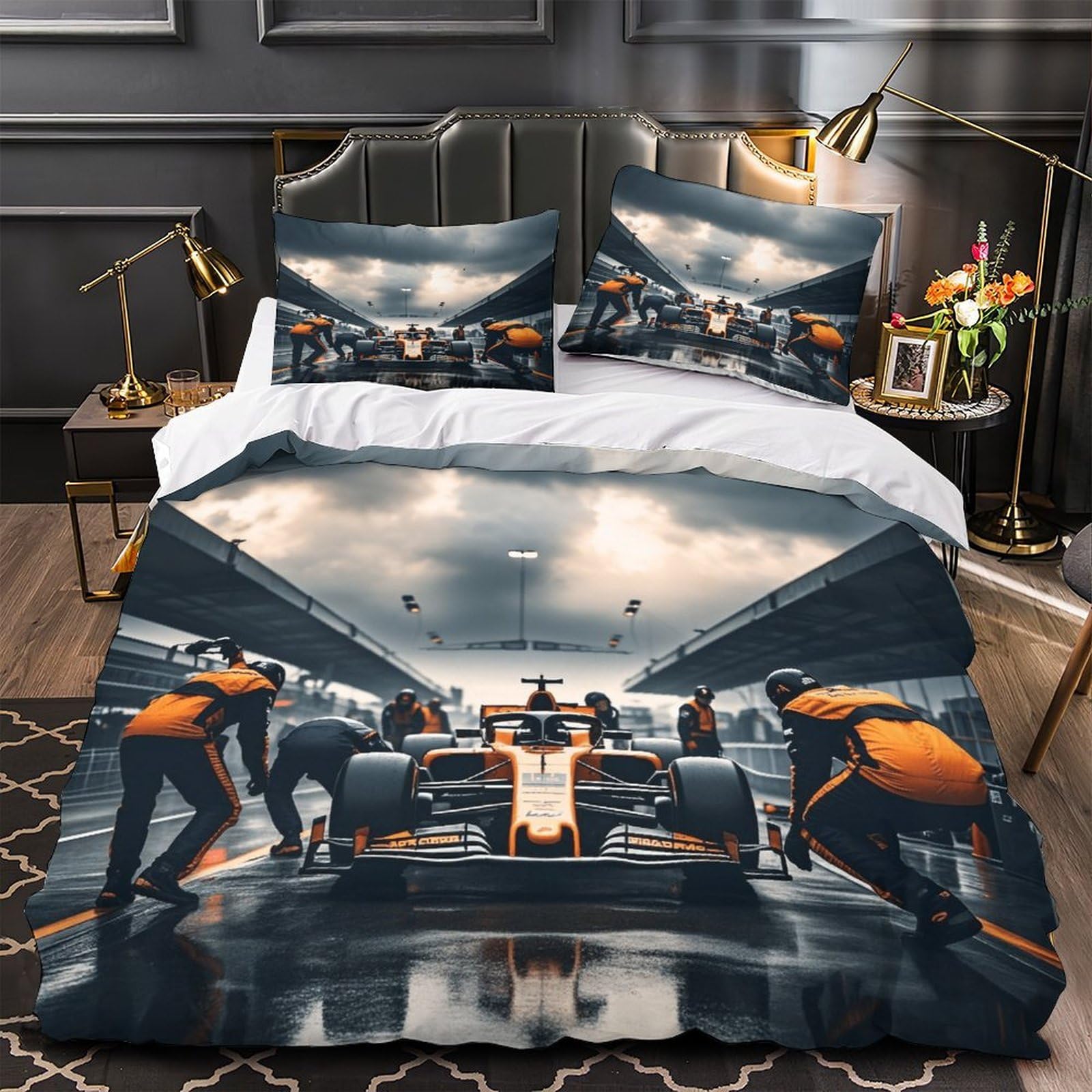DAFUfbw Formulaa Racing Duvet Cover Double（200x200cm）, 3D Pattern Pit Stop Bedding Set Hypoallergenic Quilt Cover with Hidden Zipper, Breathable