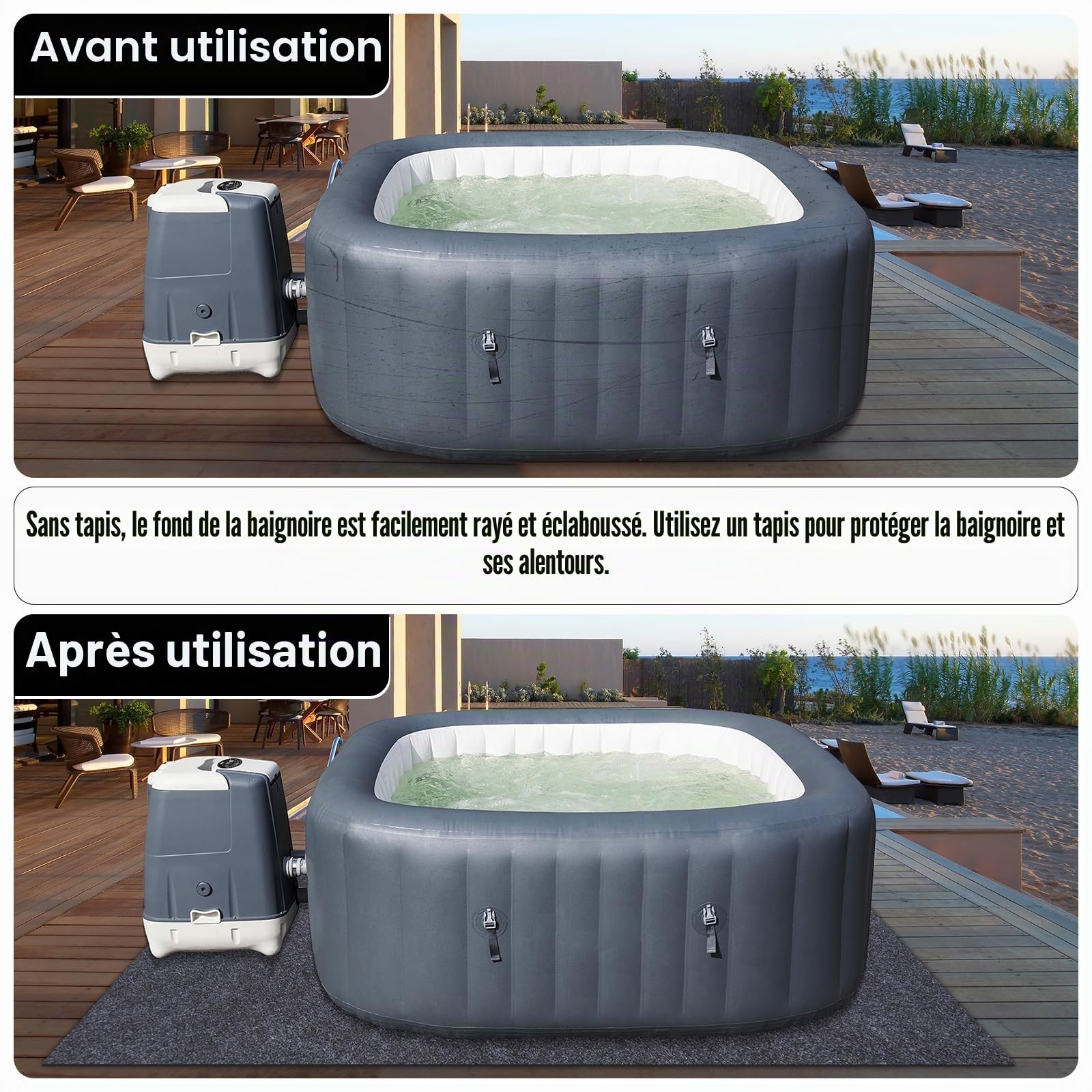 Tapis de Sol pour Jacuzzi, Tapis Carré Imperméable 2,53 x 2,53 m pour Jacuzzi Gonflable, Tapis de Protection Extérieur avec Dos qui Empêche la Pénétration de Liquide pour Protéger le Sol