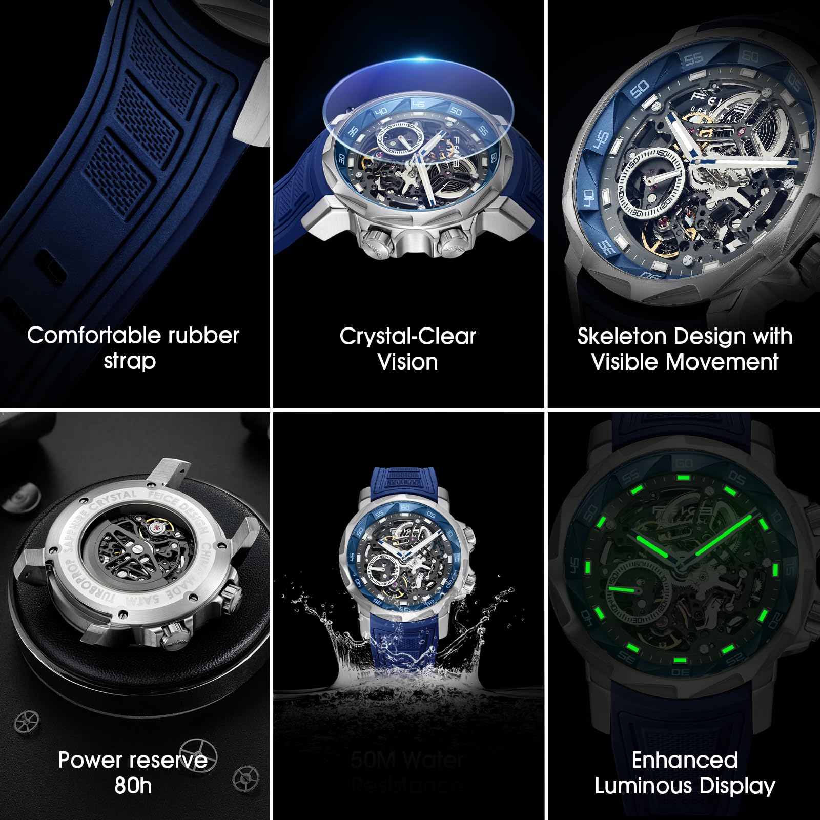 FEICE Herren Automatikuhr Skelett Saphirglas mit Gummiarmband Edelstahlgehäuse 46 mm FM511