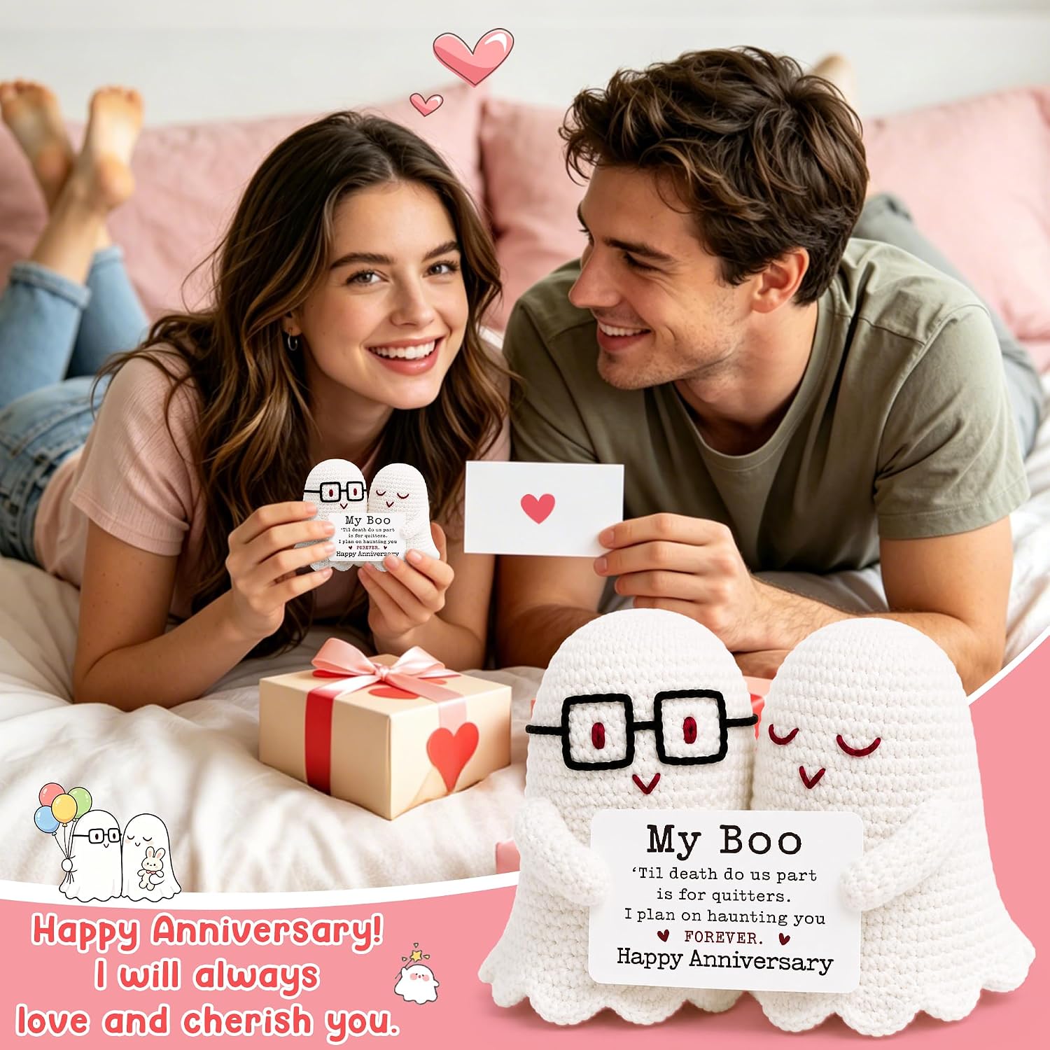 Anniversary Love Gifts for Men Husband Boyfriend Wife Girlfriend Wedding Couple Anniversary Romantic Gifts for Women Men Him Her,To My Boo I Love You Gift Her Him, Cute Handmade Crochet Ghost