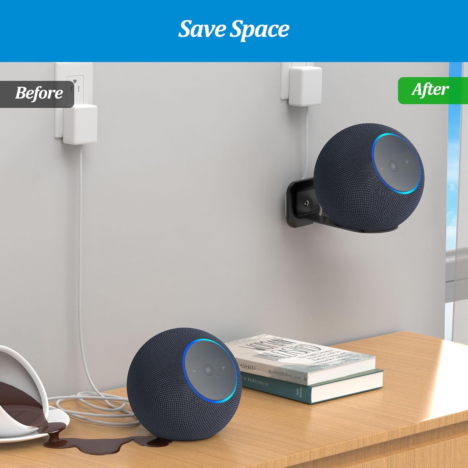 PlusAcc Wall Mount for Studio & Era 100 - Metal Space-Saving Holder Stand Bracket Shelf Compatible with Sonos Era 100 & Ech0 4th Gen, Built in Cable Management(1 Pack, Black) - Image 5