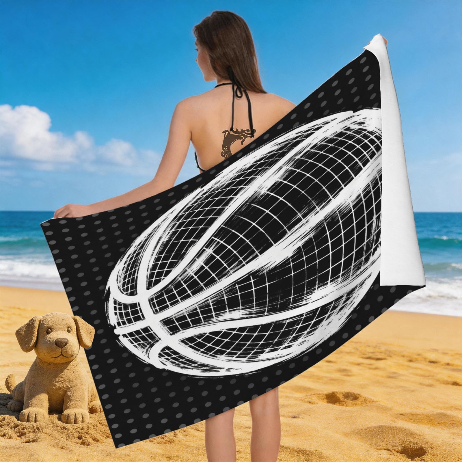 Leichong 3D Cartoon Basketball Beach Towel Microfiber Soft Quick Dry for Adults, Sports Theme Bath Towel Lightweight Soft Absorbent for Travel Swimming Pool Sports, 75 x 150 cm