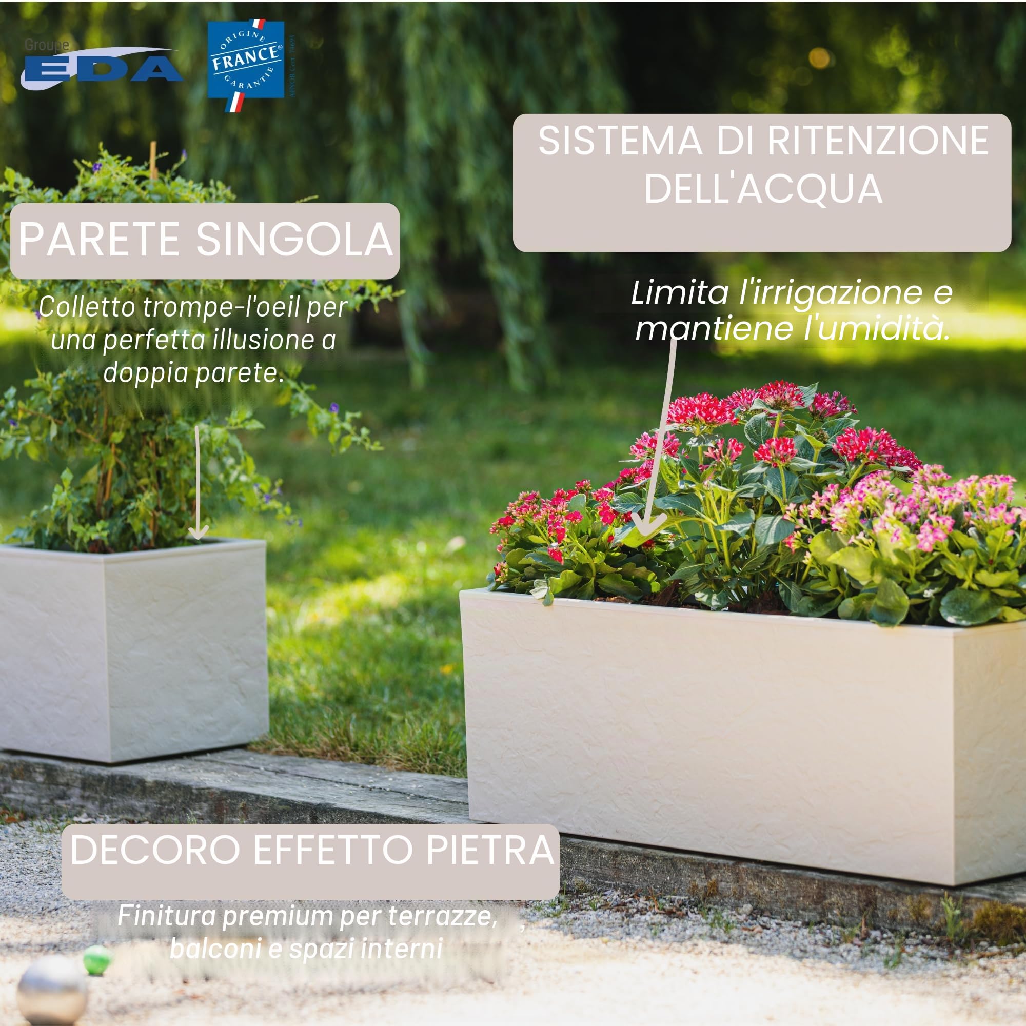 EDA - Balconera Volcania'Up 25 L - Decorazione Imitazione Pietra - Parete Singola - Area di ritenzione idrica - 59 x 19,5 x 22,8 cm - Grigio Antracite