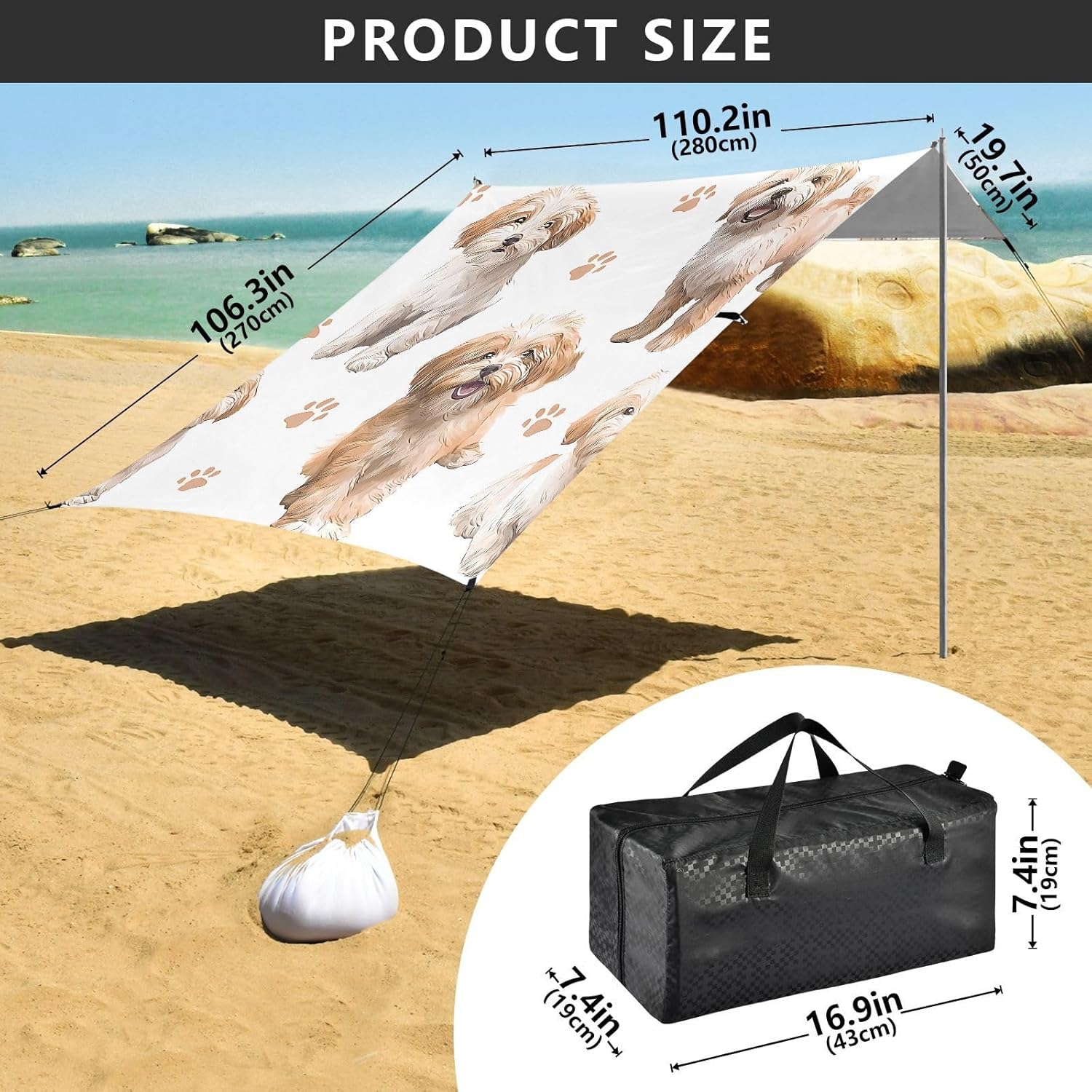 ALAZA Happy Dogs Puppy Paw Prints Beach Tent Sun Shelter UPF50+ Protection Beach Shade Canopy w/ 4 Sandbags for Outdoor Camping, Fishing, Backyard Fun, Picnic, 10x9 ft