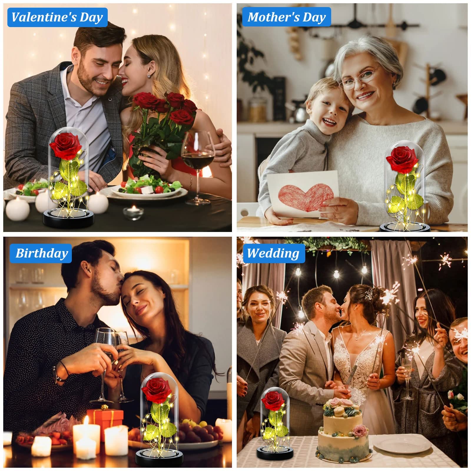 Rosa Eterna, Kit Elegante Con Cúpula de Cristal, Base Pino, Luces LED y Tarjeta de Felicitación - Bella y Bestia Para San Valentín, Día de Madre, Boda