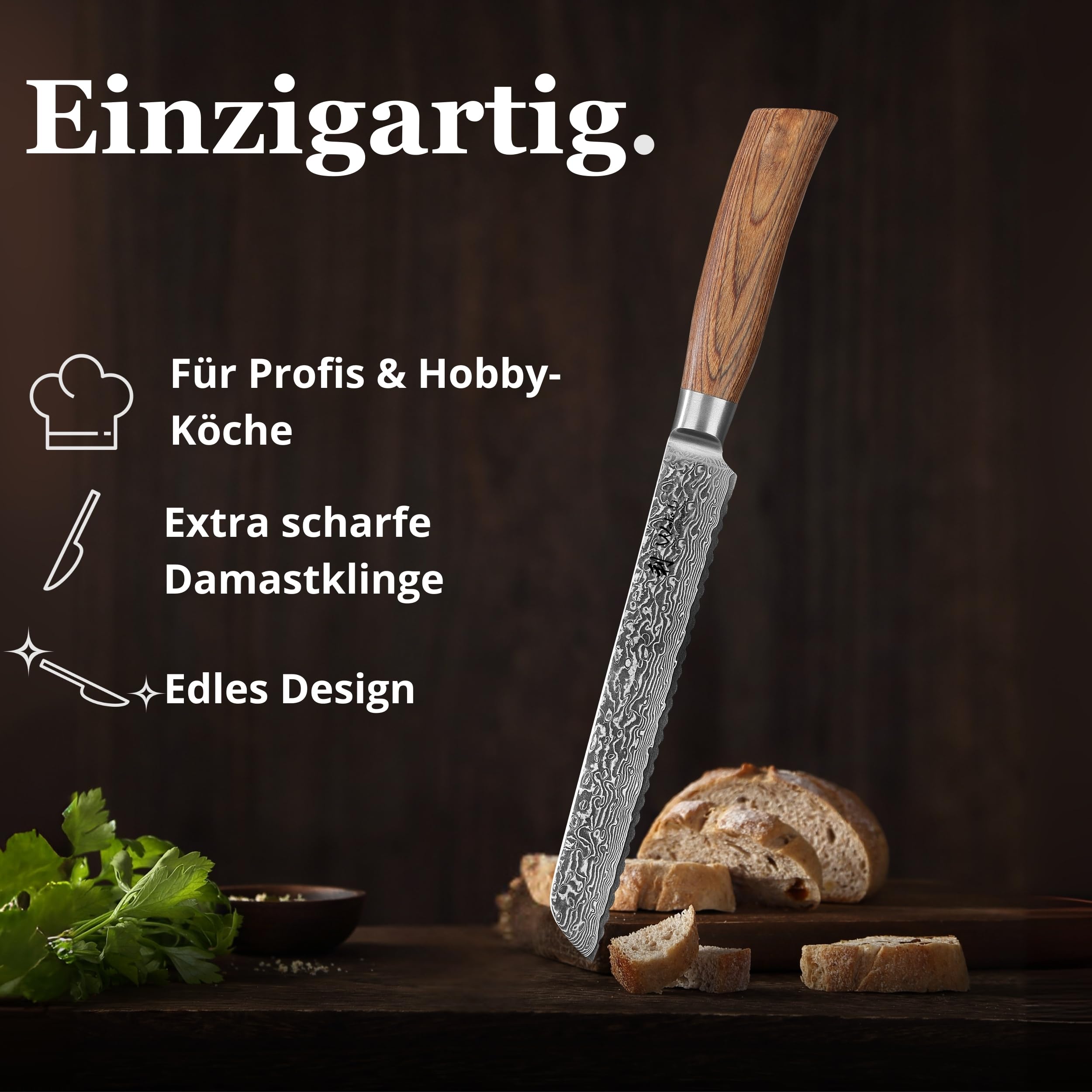 Wakoli EDIB Pro Brotmesser, 20 cm Klinge aus Damaststahl mit VG10 Kern | Wellenschliff für Brot, Brötchen, Baguette und Kuchen; 67 Lagen, 60 ± 2 HRC, 34 cm Gesamtlänge, Pakkaholzgriff, Geschenkbox