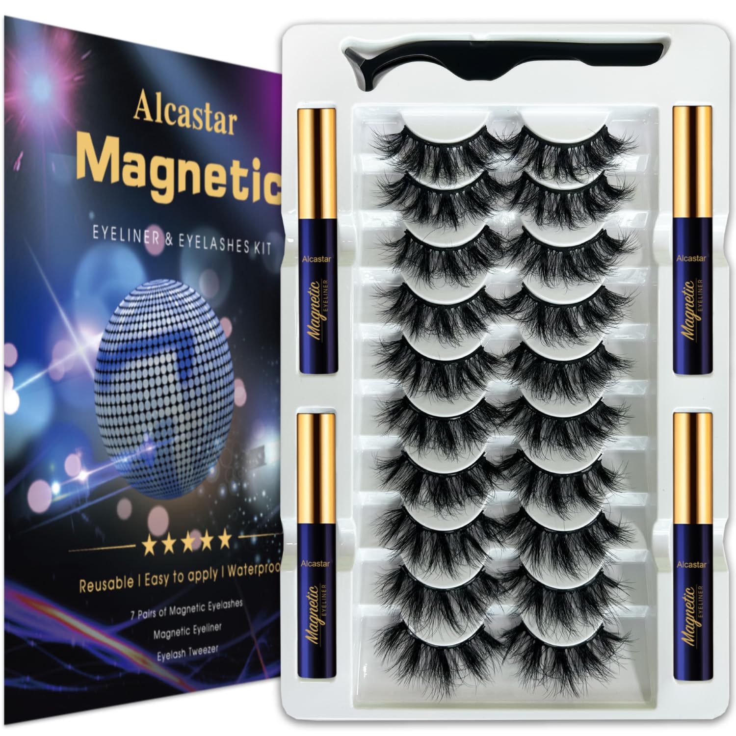 Alcastar Magnetic Eyelashes with Eyeliner Kit, Reusable Waterproof Lashes