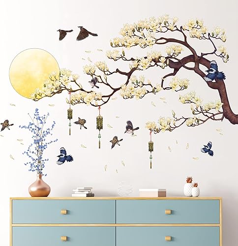 Miniatura 3 de RW-4942 - Calcomanías de pared 3D con ramas de árbol de magnolia blanca y pájaros voladores, despegar y pegar, calcomanías de pared de flores y