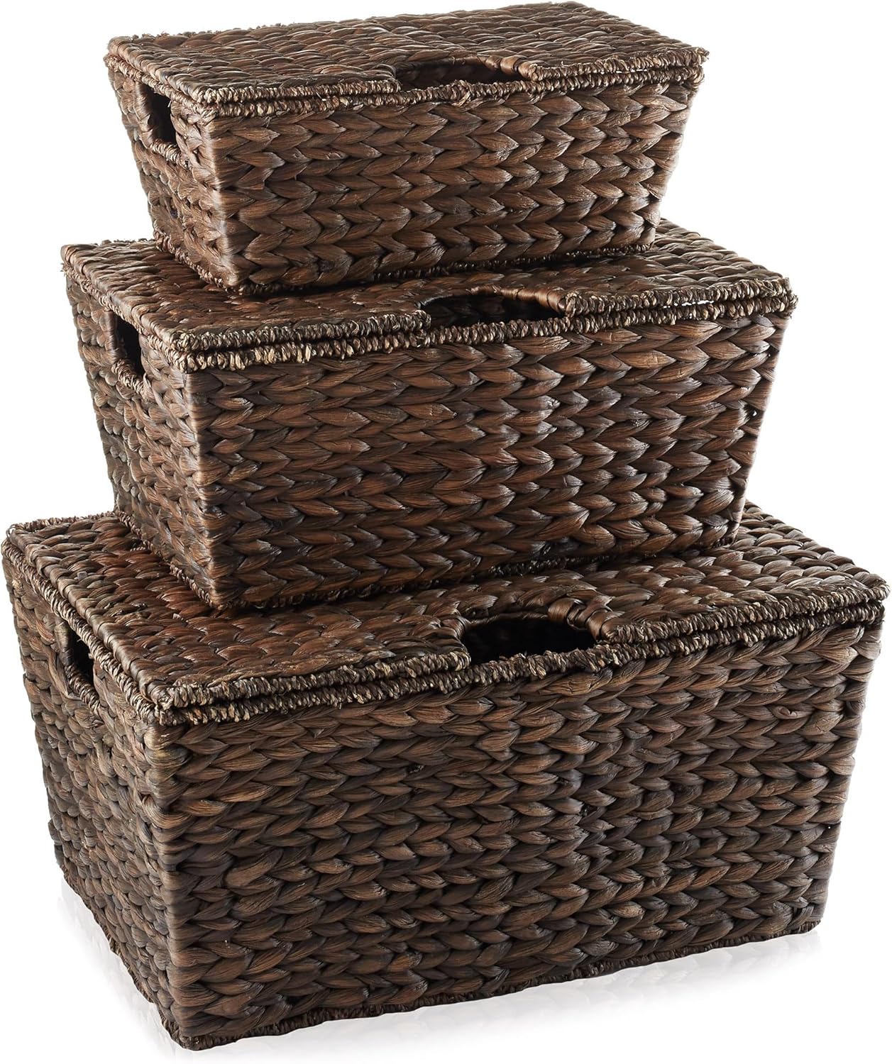 Casafield Set of 3 Water Hyacinth Storage Baskets with Tapered Bottoms and Lids (Small/Medium/Large), Multipurpose Organizers for Bedroom, Bathroom, Laundry, Home Office