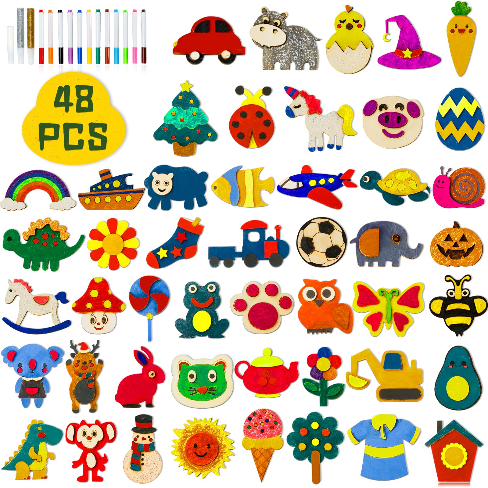 Max Fun48 Pack DIY Wooden Magnets, Wooden Art Craft for Boys Girls Ages 3-12, Painting Craft Activities Kit, Easter Crafts Gifts Toys for Kids
