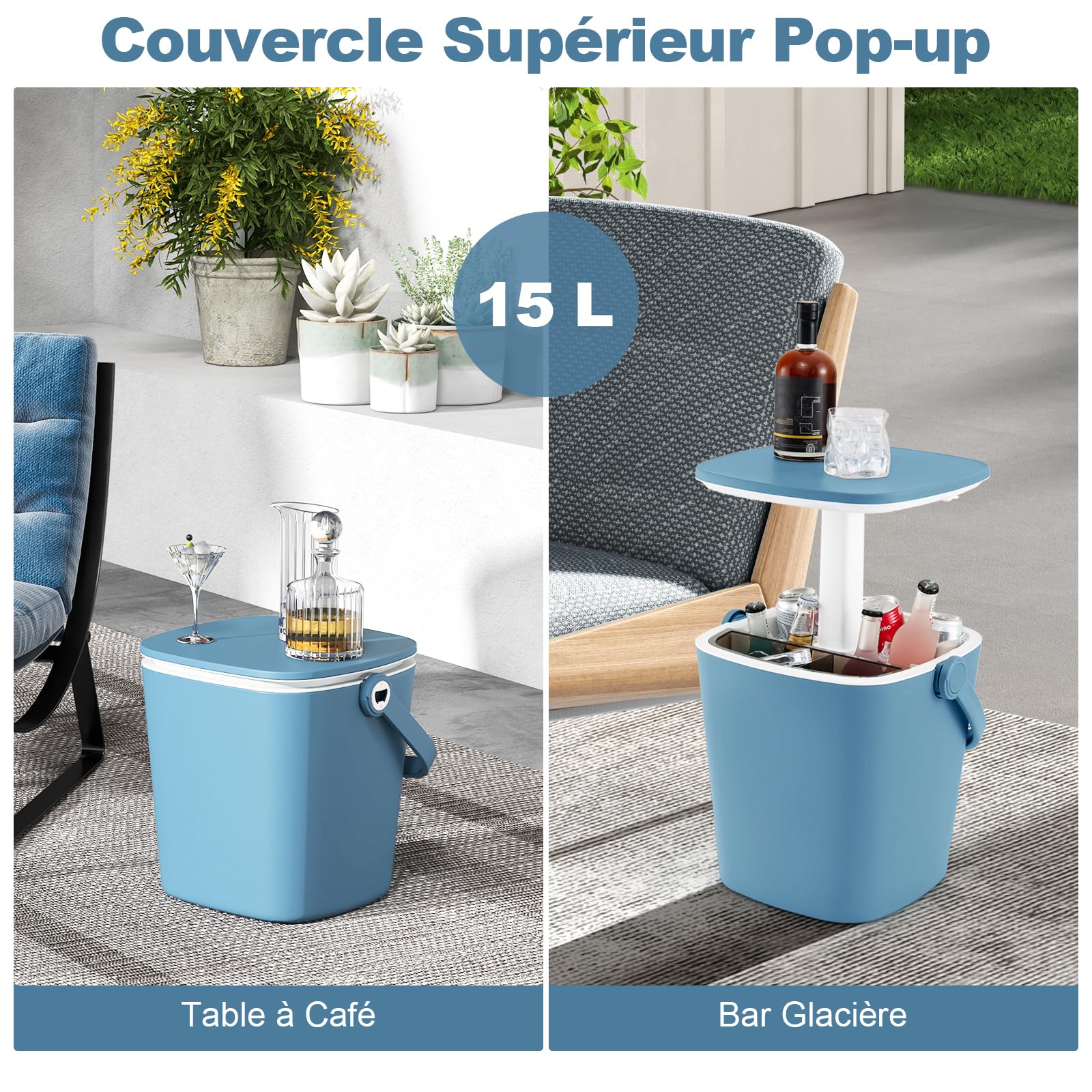 GOPLUS 3 en 1 Table Glacière Extérieur 15 L, Table d'Appoint Patio avec Couvercle Rétractable, Ouvre-Bouteille et Pince Glace, Bac Rangment 6H Froid pour Jardin,Charge 75KG,35 x 34 x 37/58 cm(Bleu)