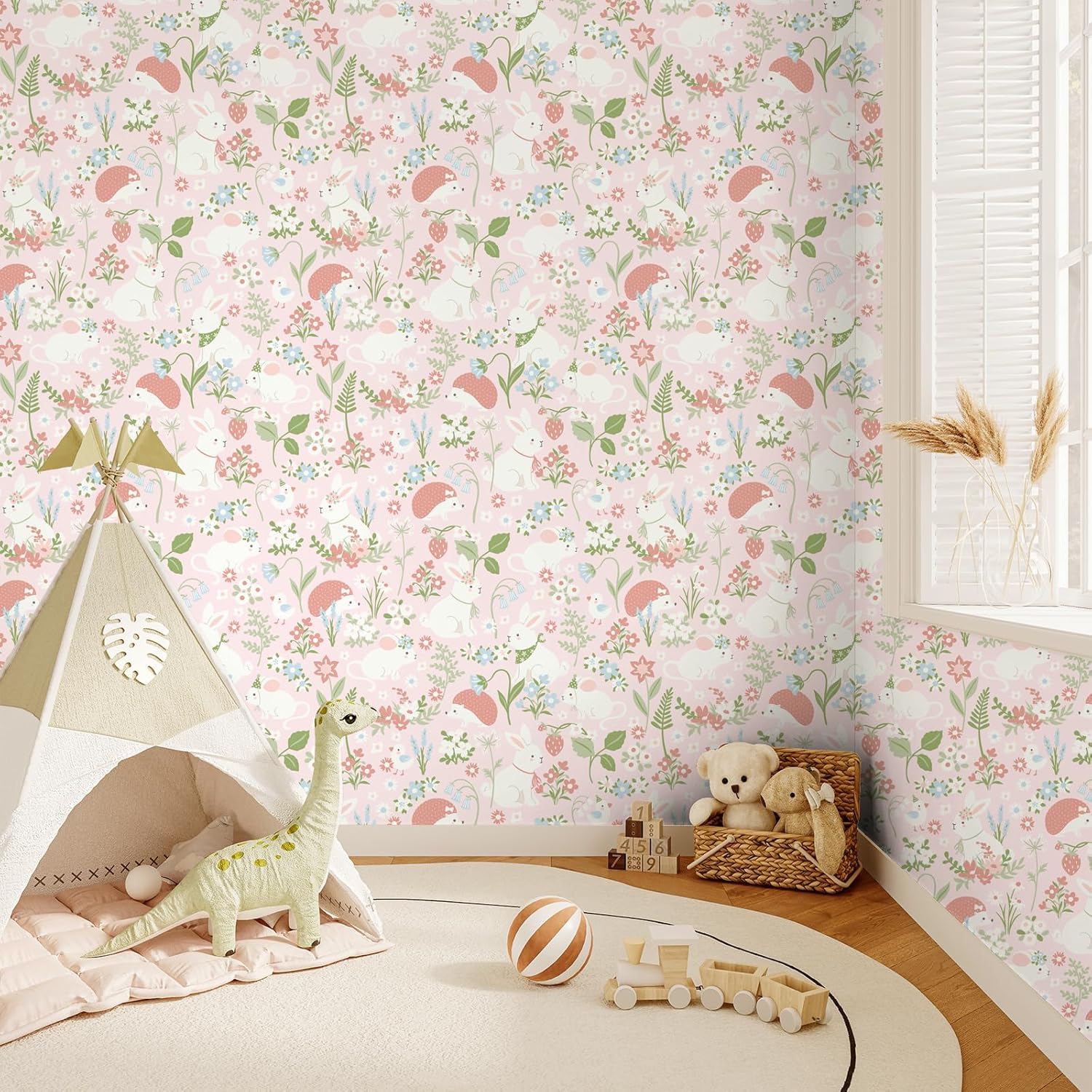 VaryStyle 17.7"x393" Pink Fairy Forest Wallpaper Cute Animal Girly Floral Wallpaper Peel and Stick for Kids Girls Room Bedroom Waterproof Vinyl Self Adhesive Contact Paper for Walls Drawers Shelves