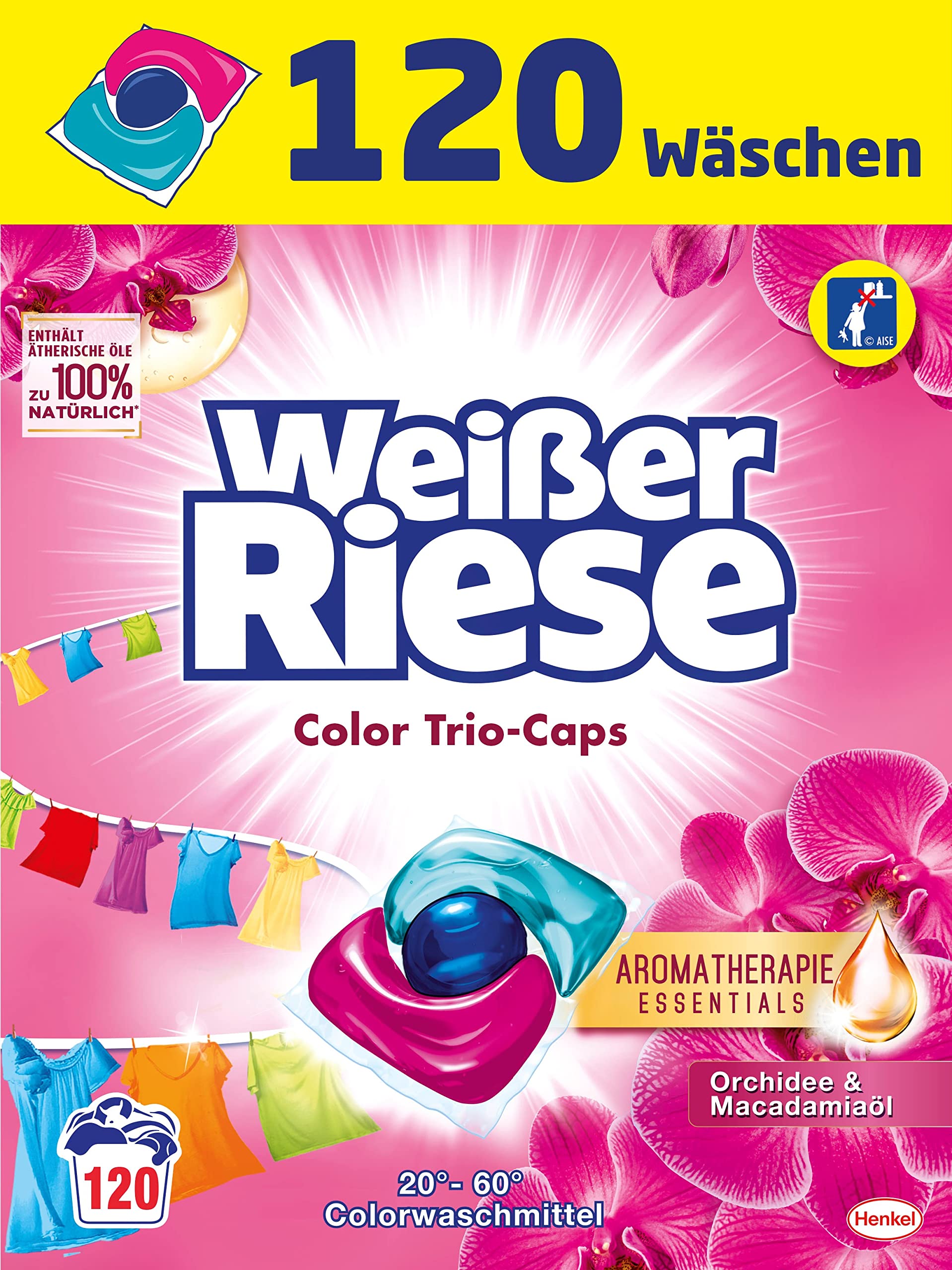 Weißer Riese Color Trio-Caps Aromatherapie Essentials (120 Wäschen), Waschmittel mit Orchidee & Macadamiaöl, Colorwaschmittel mit ätherischen Ölen & intensivem Frische-Effekt