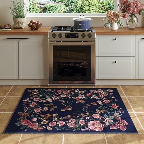 Miniatura 3 de Rugcomf Alfombra para Puerta de Entrada Interior 2x3 Alfombra Lavable a Máquina Boho Floral Mariposa Alfombra de Área Pequeña Antideslizante Pelo