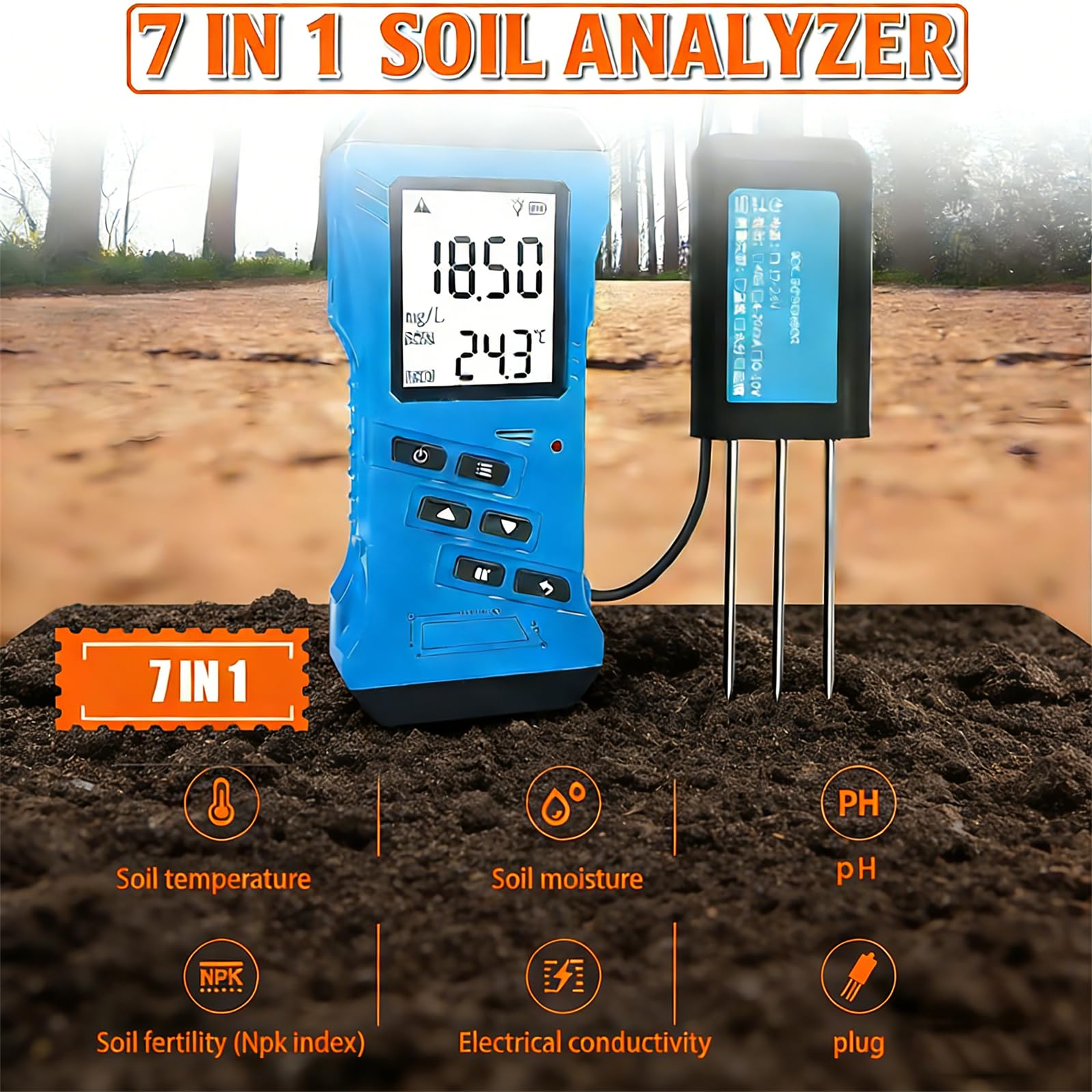 Tester per suolo 7 in 1, NPK, pH, umidità, misuratore CE, digitale ad alta precisione, test di fertilità del suolo per giardino