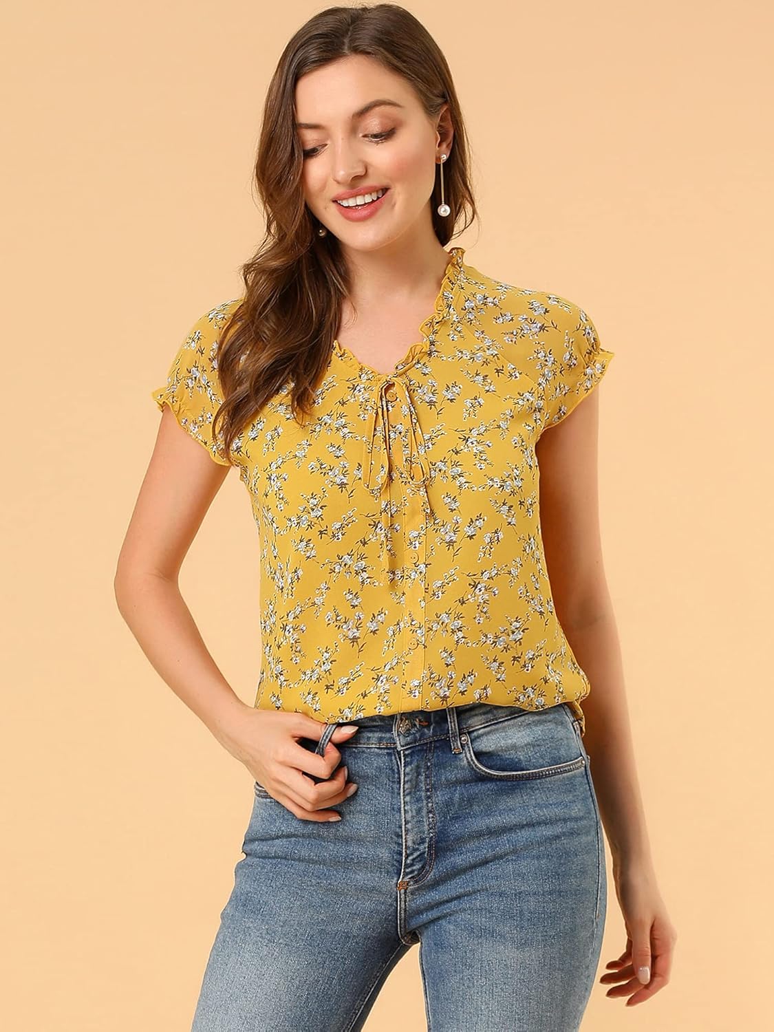 Allegra K Women's Short Sleeve Lace Up V Neck Ruffle Chiffon Floral Shirt Blouse L Gelb