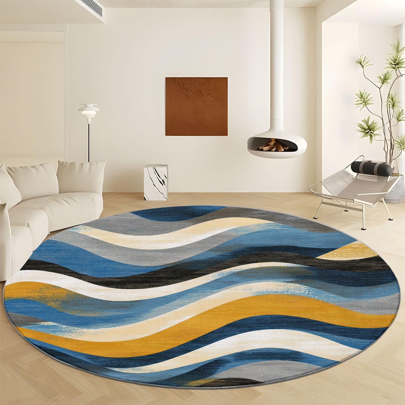 Tapis Rond Imprimé Abstrait Dessiné À La Main Vagues Géométrique Salon, Lavable Doux Gris-Bleu Tapis de Sol Décoration Antidérapant pour Chambre Salon Cuisine Balcon Bureau 100 cm
