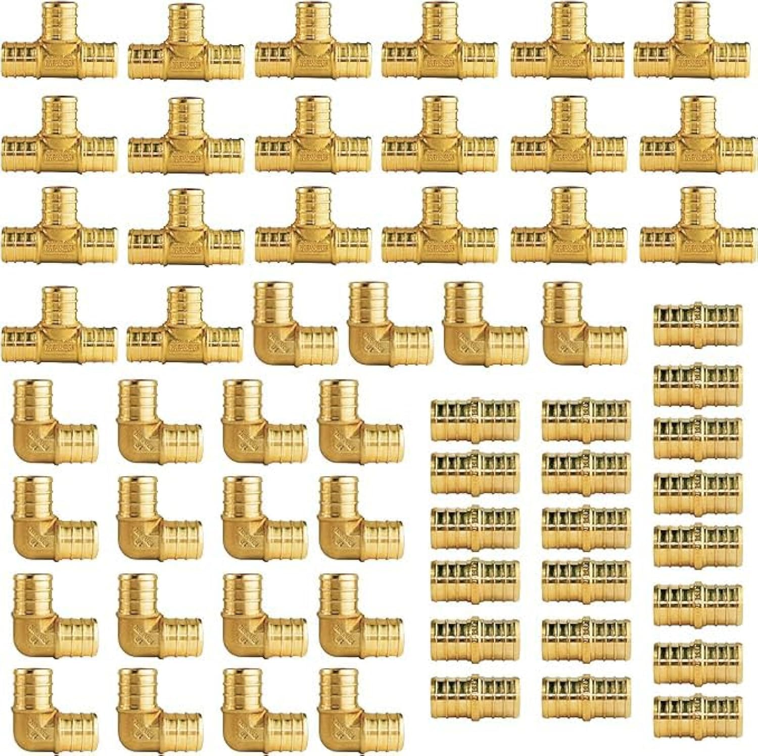 WiseWater 60 accesorios Pex, T PEX de 3/4 pulgadas (20 piezas) y codo de 90 grados (20 piezas) y acoplamiento recto (20 piezas), accesorio de tubería de latón para tubo Pex (paquete de 60),
