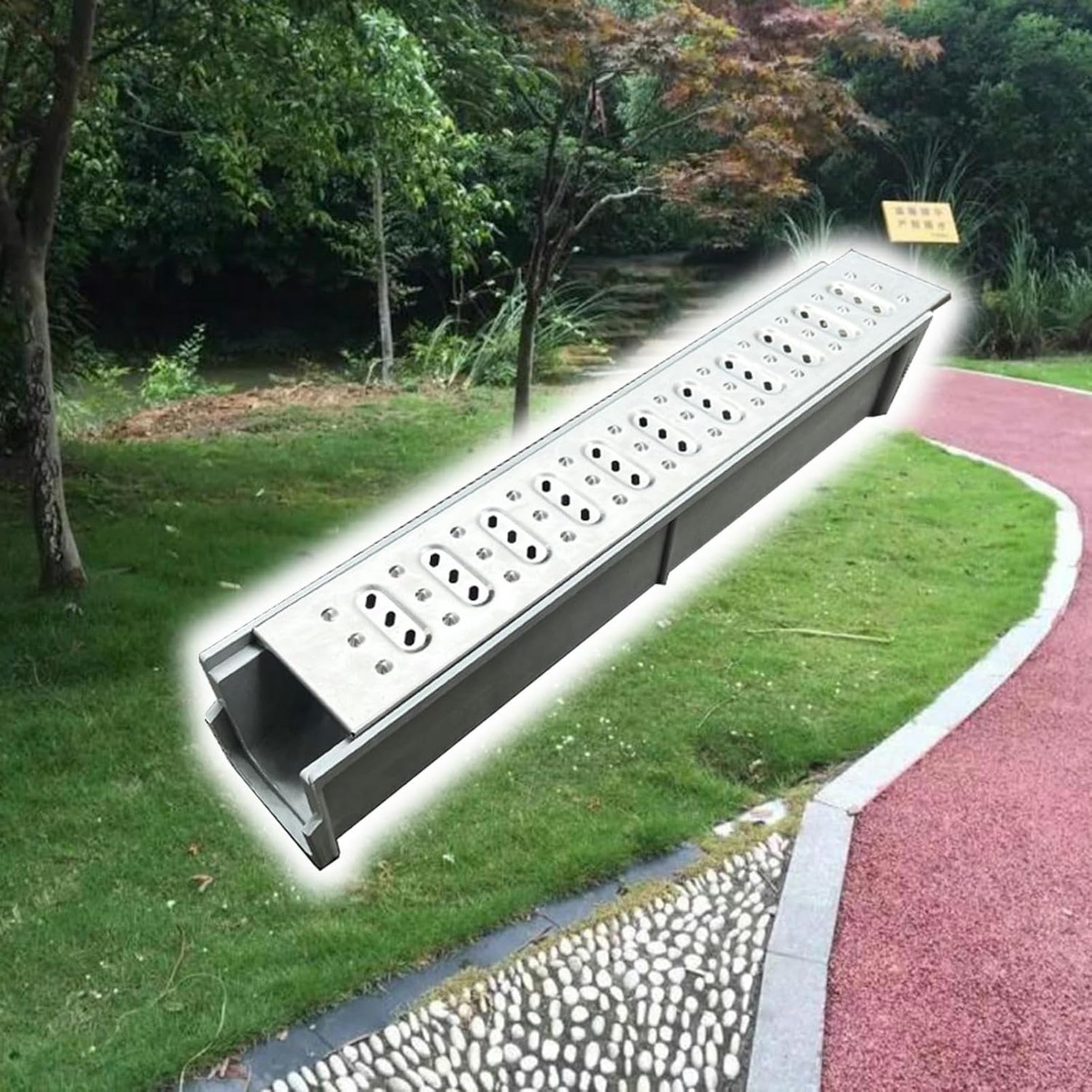 Canal de drainage de cour extérieure en résine avec grille ronde 60x11x10 cm