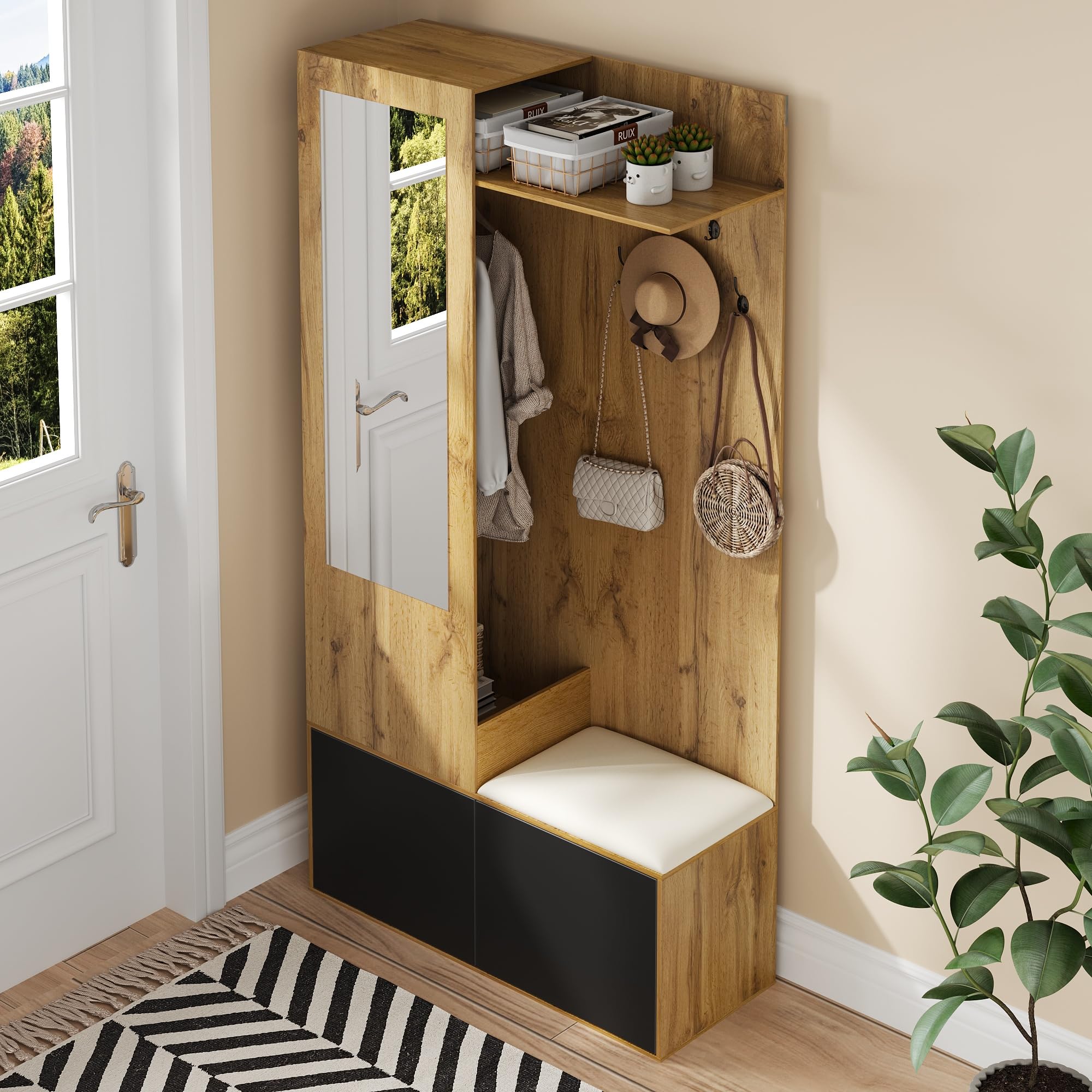 Il set di armadi comprende 5 ganci appendiabiti, uno specchio, una scarpiera, una zona superiore nascosta da appendere e una panca appendiabiti per il corridoio. (100 L x 38 W x 191 H (cm))