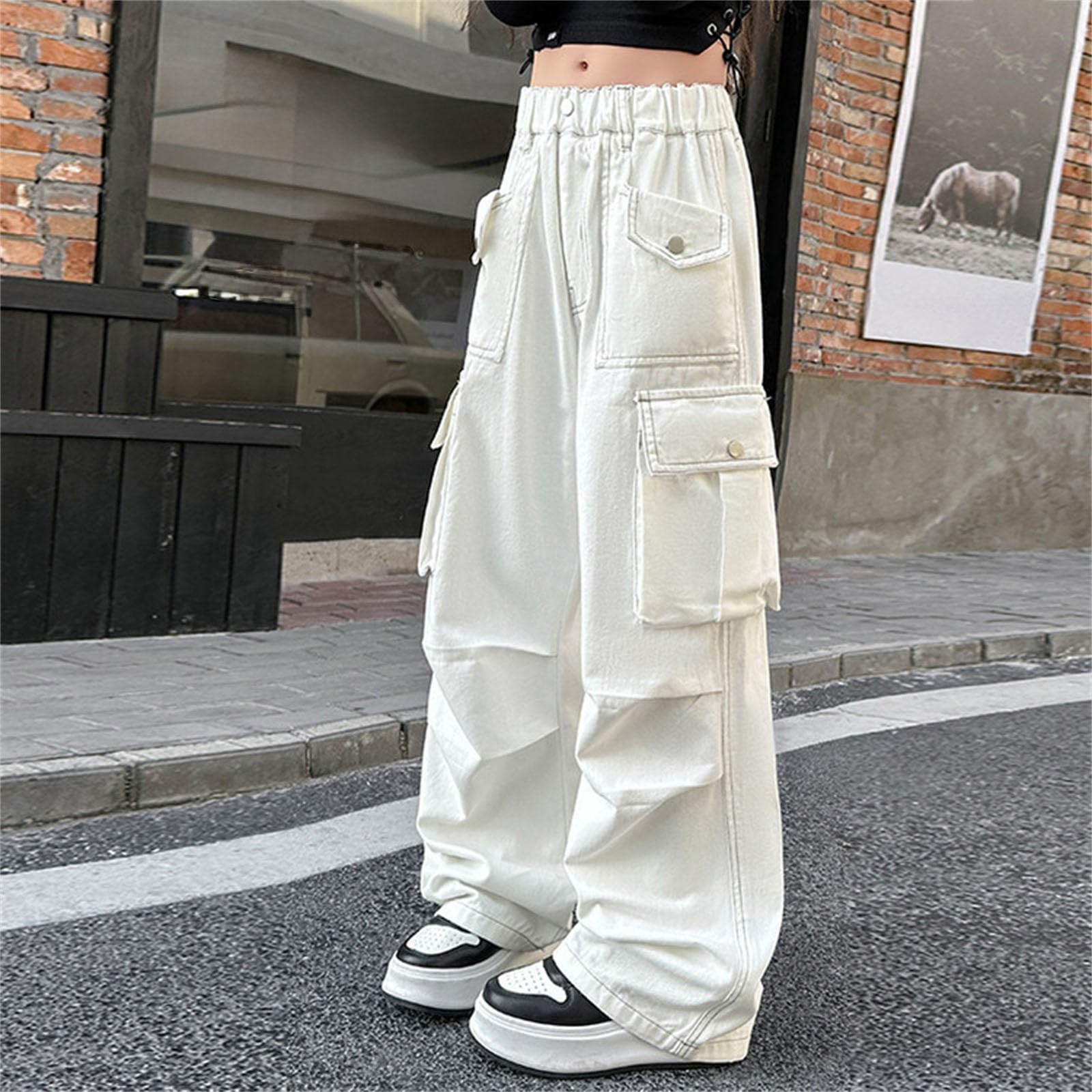 Pantalones deportivos holgados de pierna ancha Y2K para niñas, pantalones deportivos casuales con bolsillos, cintura alta elástica, pierna recta, pantalones personalizados
